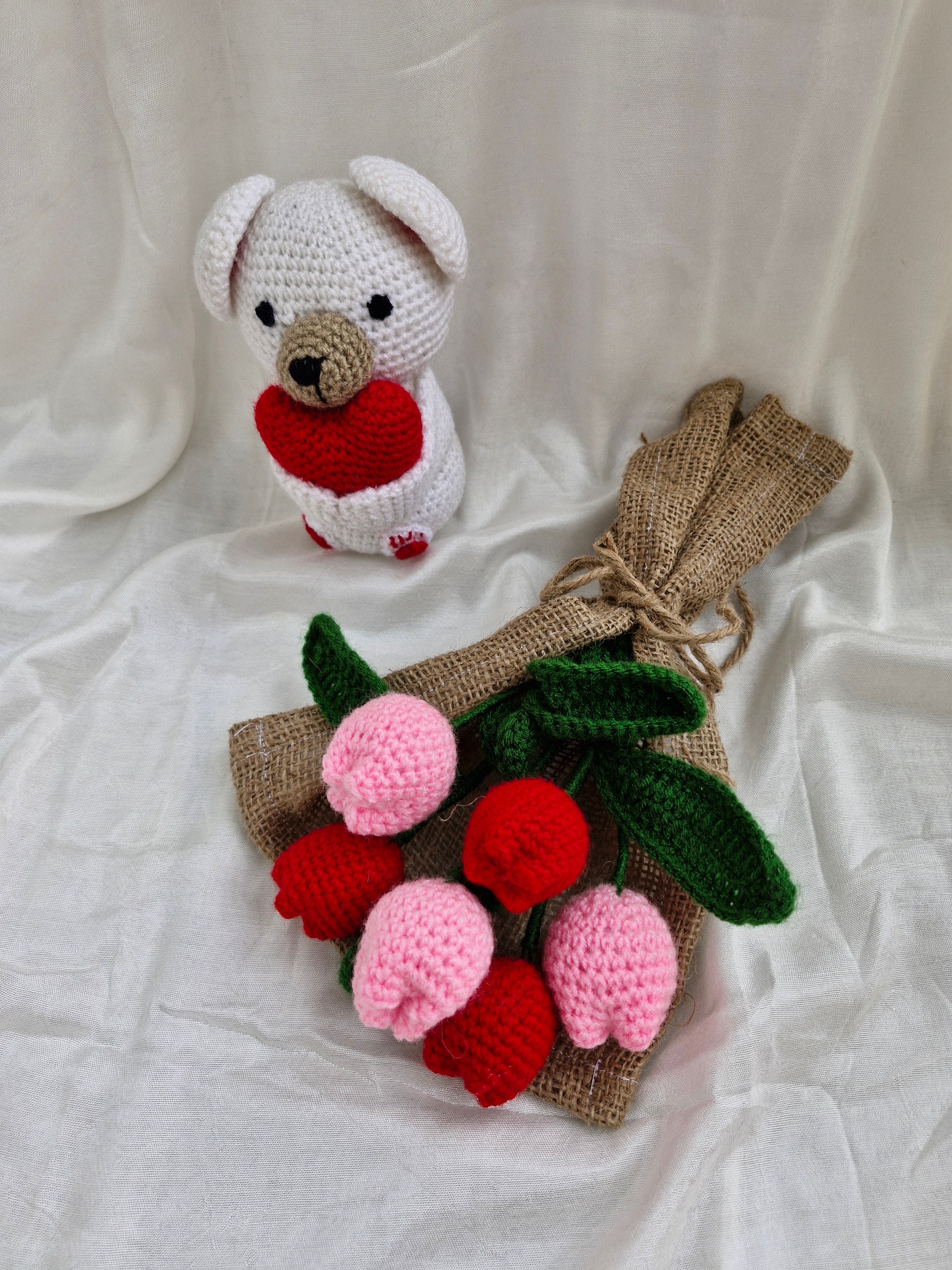 Handmade flower bouquet-Set of 3 red tulip+3 pink tulip and 1 Heart Teddy toy