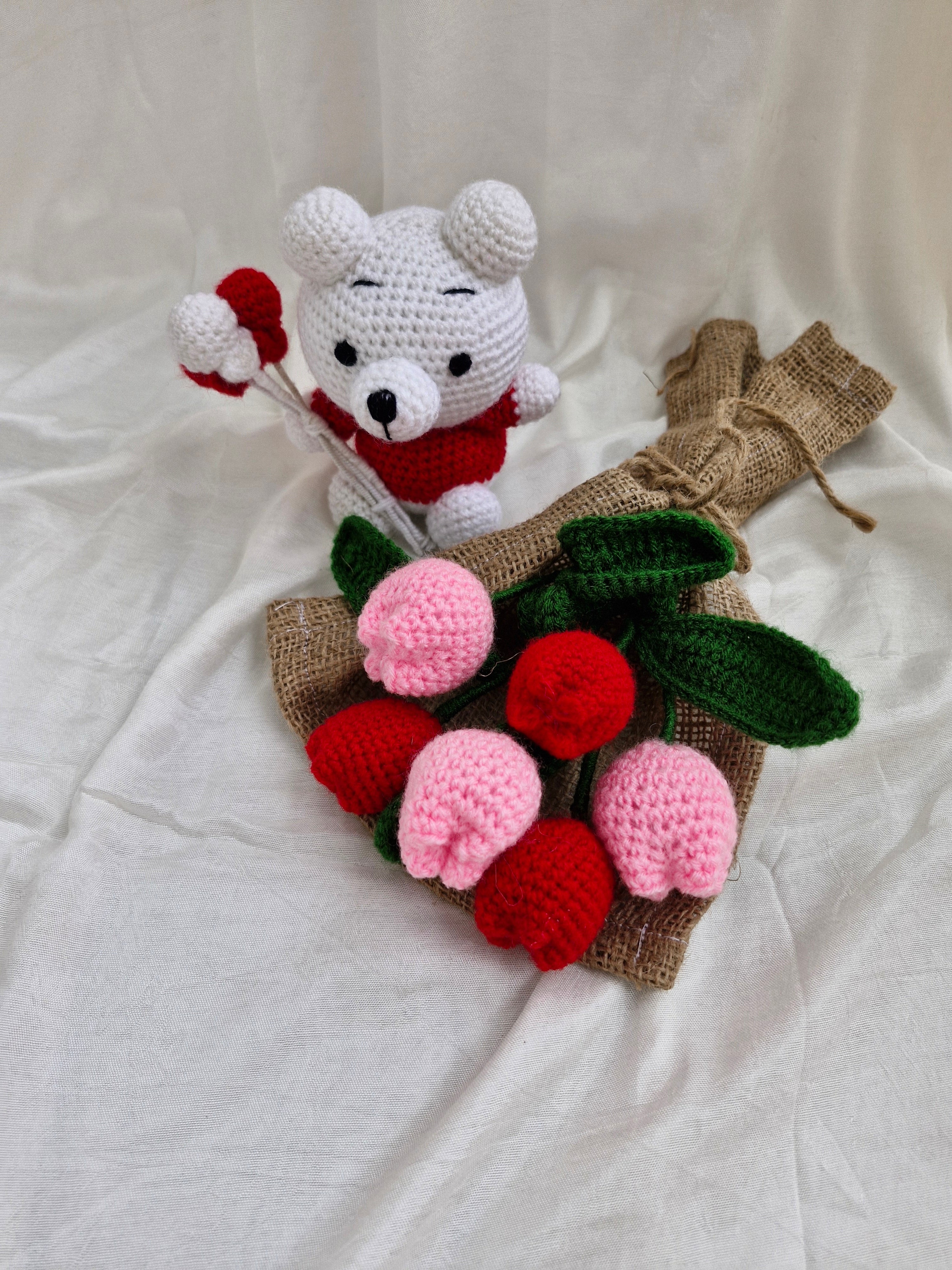 Handmade flower bouquet-Set of 3 red tulip+3 pink tulip and 1 balloon teddy toy