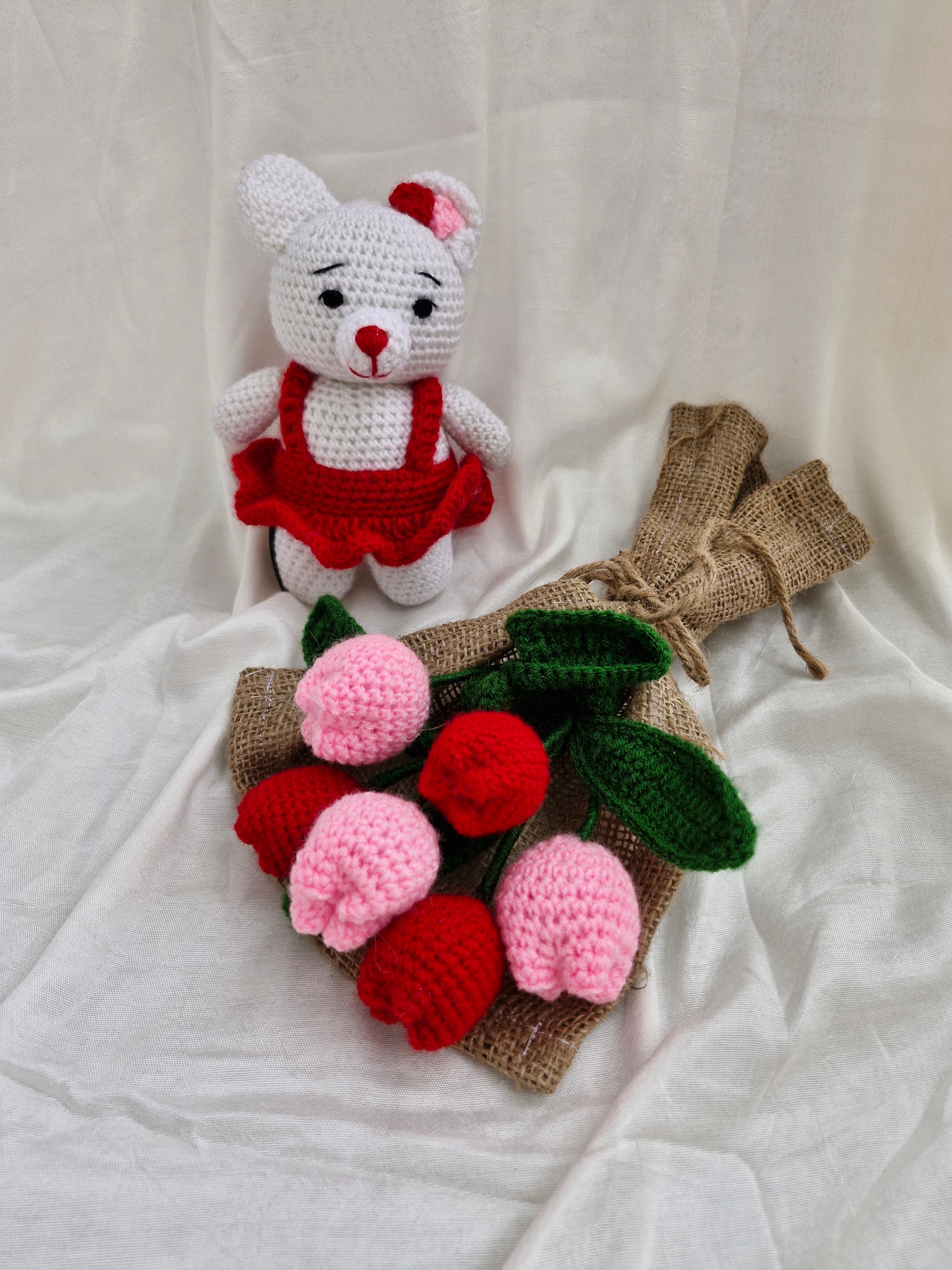 Handmade flower bouquet-Set of 3 red tulip+3 pink tulip and 1 teddy toy