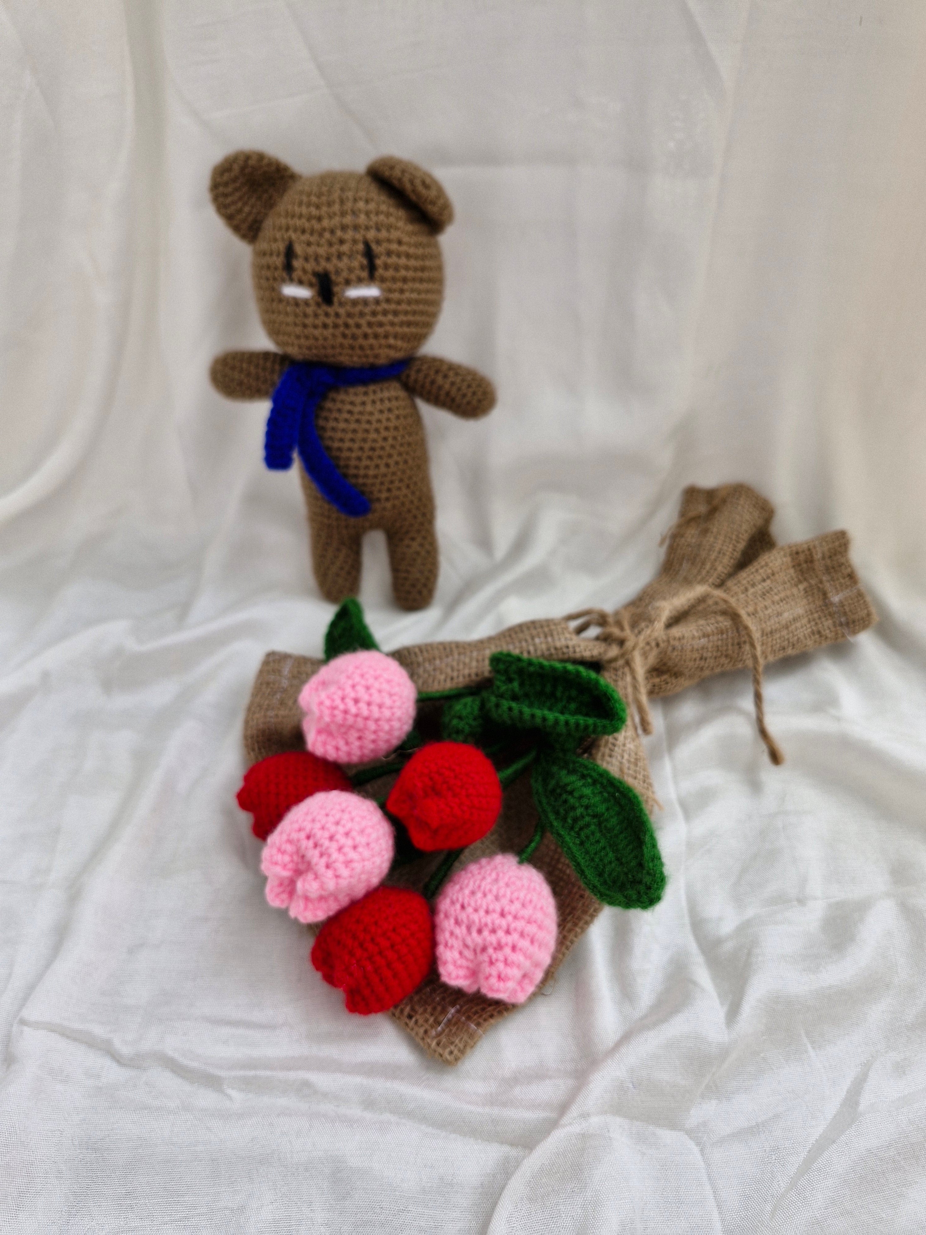 Handmade flower bouquet- Set of 3 red tulip+3 pink tulip and 1 teddy toy