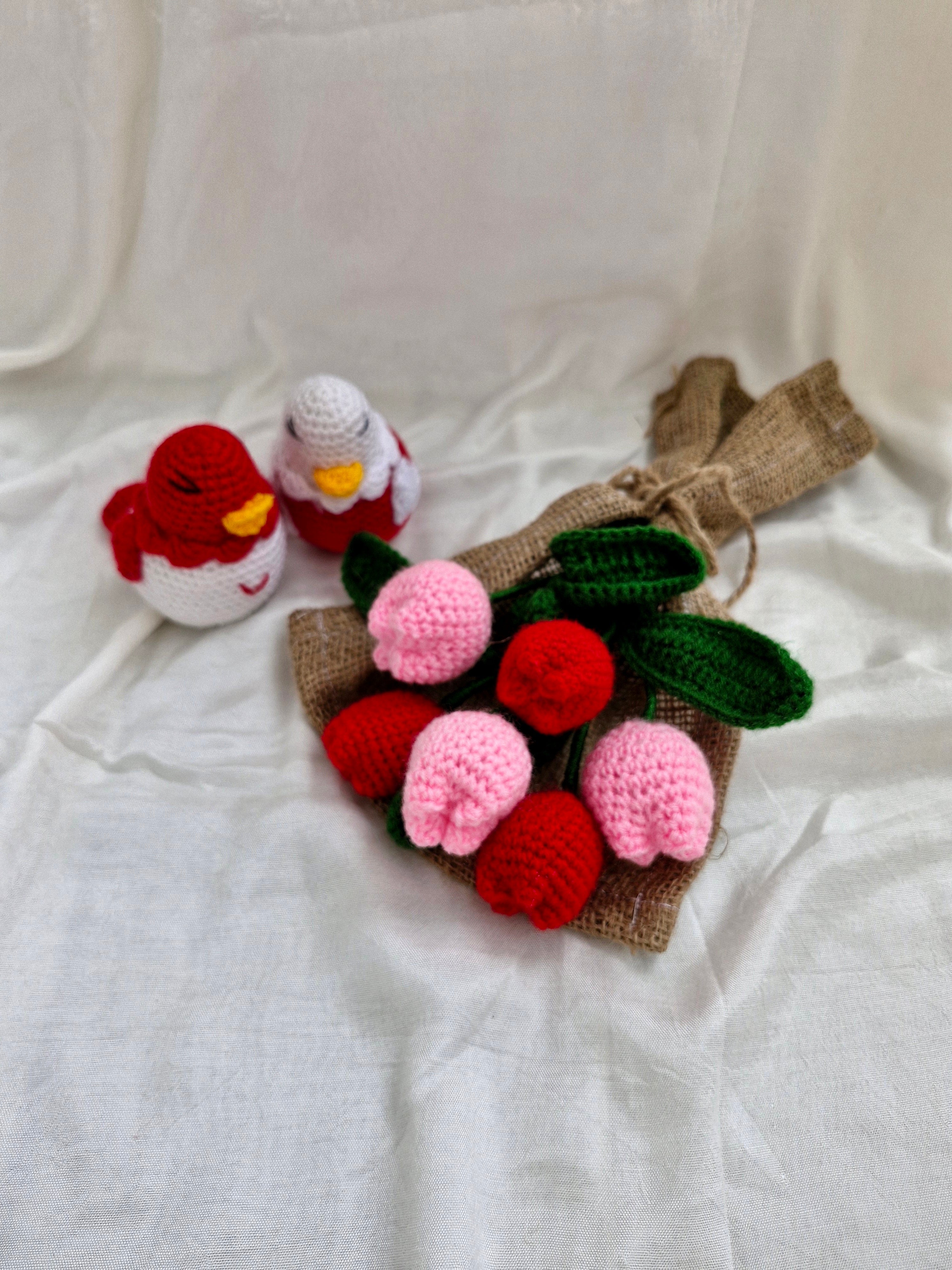 Handmade flower bouquet-Set of 3 red tulip+3 pink tulip and 2 bird toy