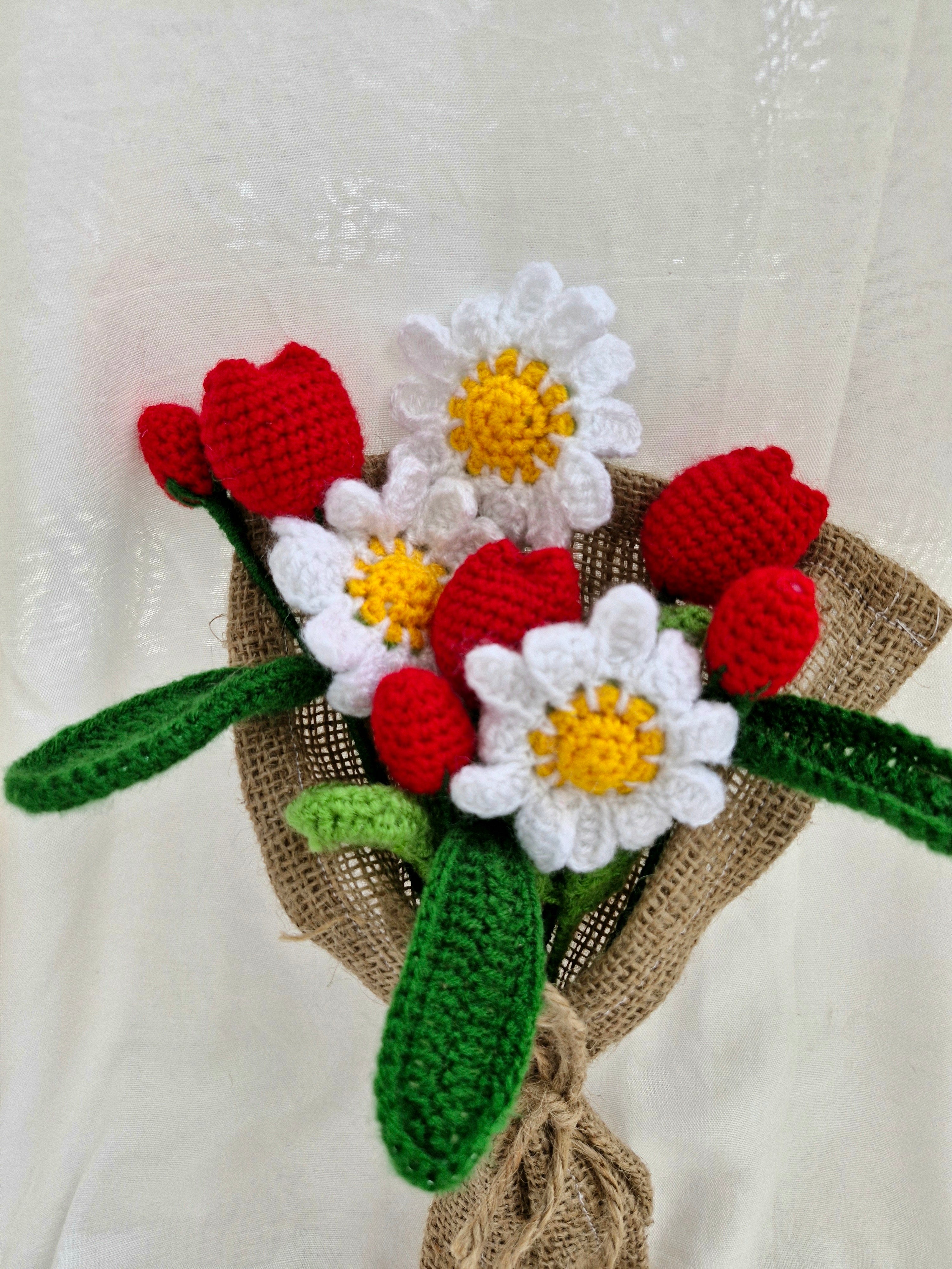 Handmade flower bouquet- Set of 3 daisy flower, 3 red tulip and 3 red buds