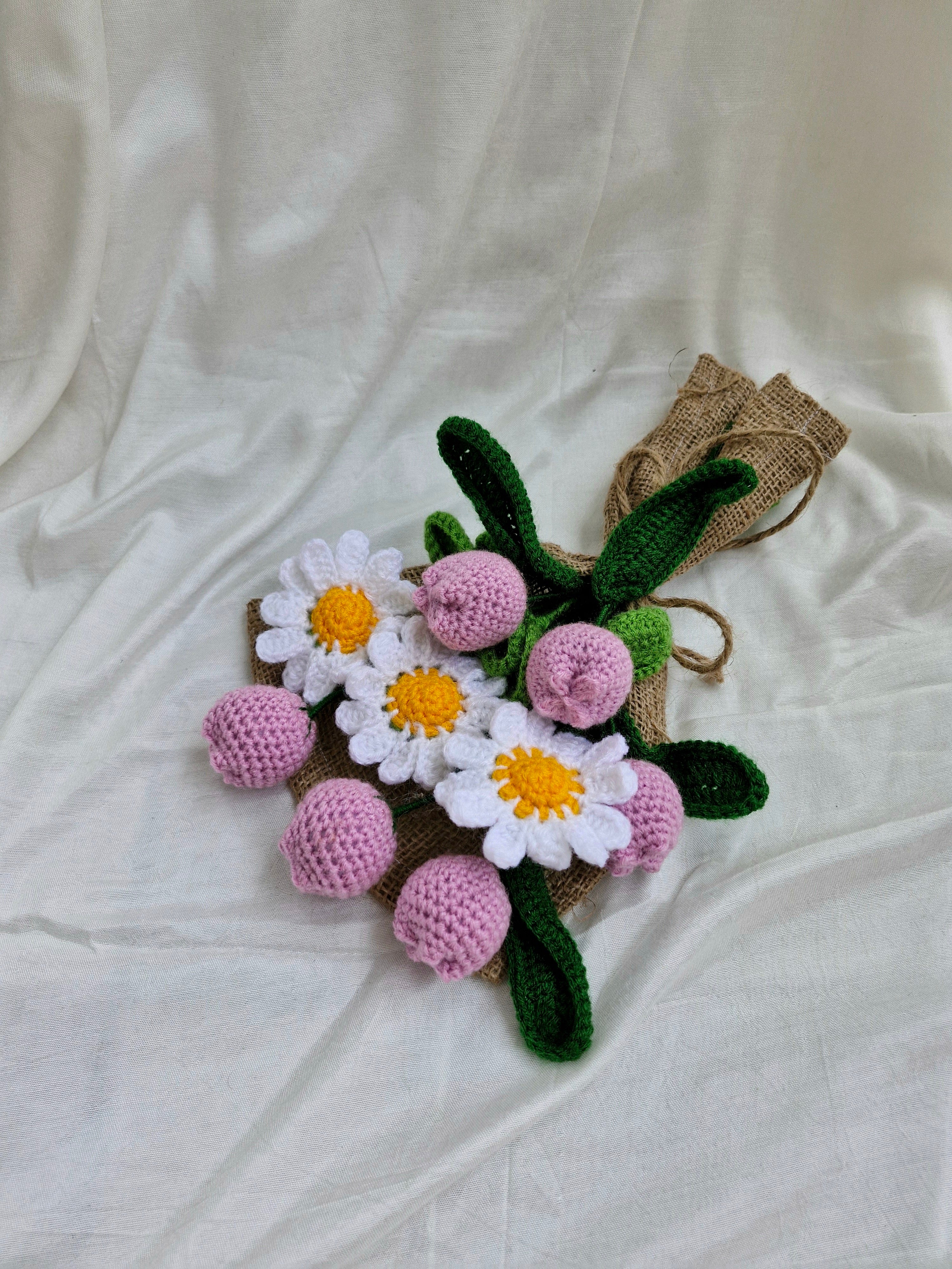 Opulent Handmade flower bouquet-set of 6 purple tulip and 3 white daisy