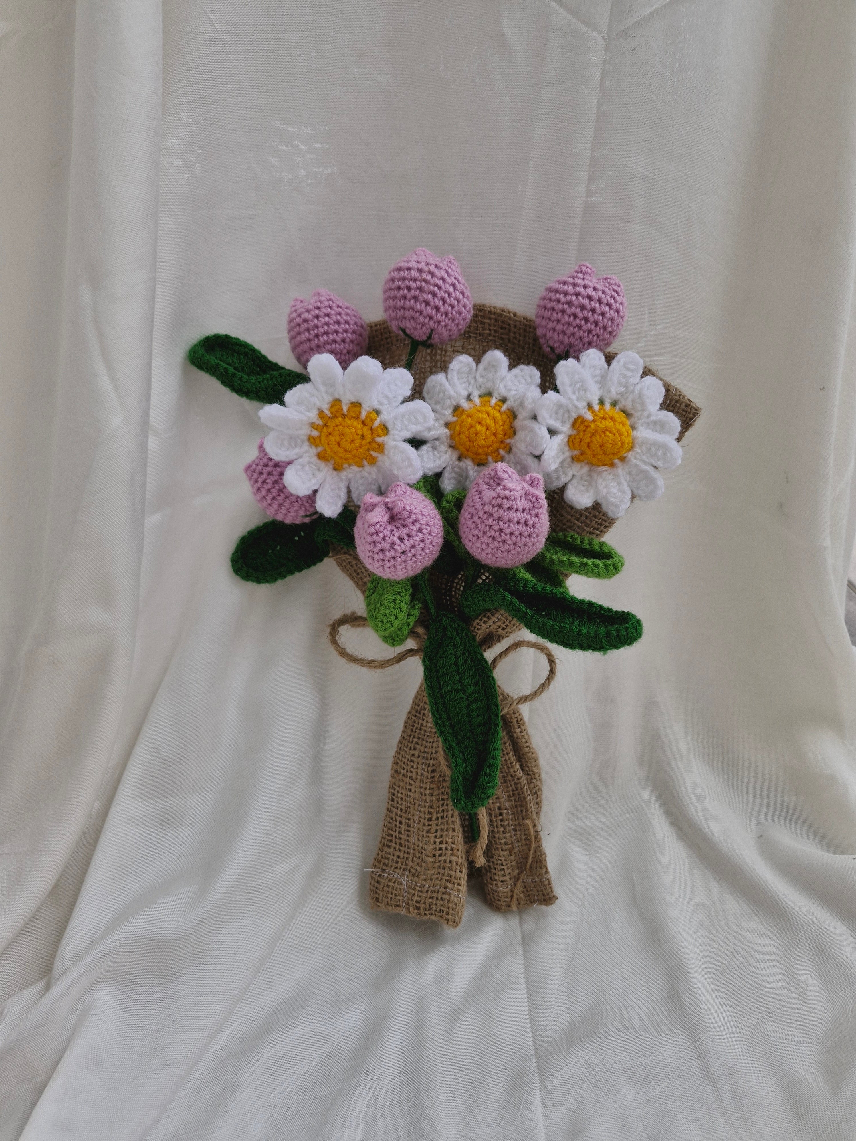 Opulent Handmade flower bouquet-set of 6 purple tulip and 3 white daisy