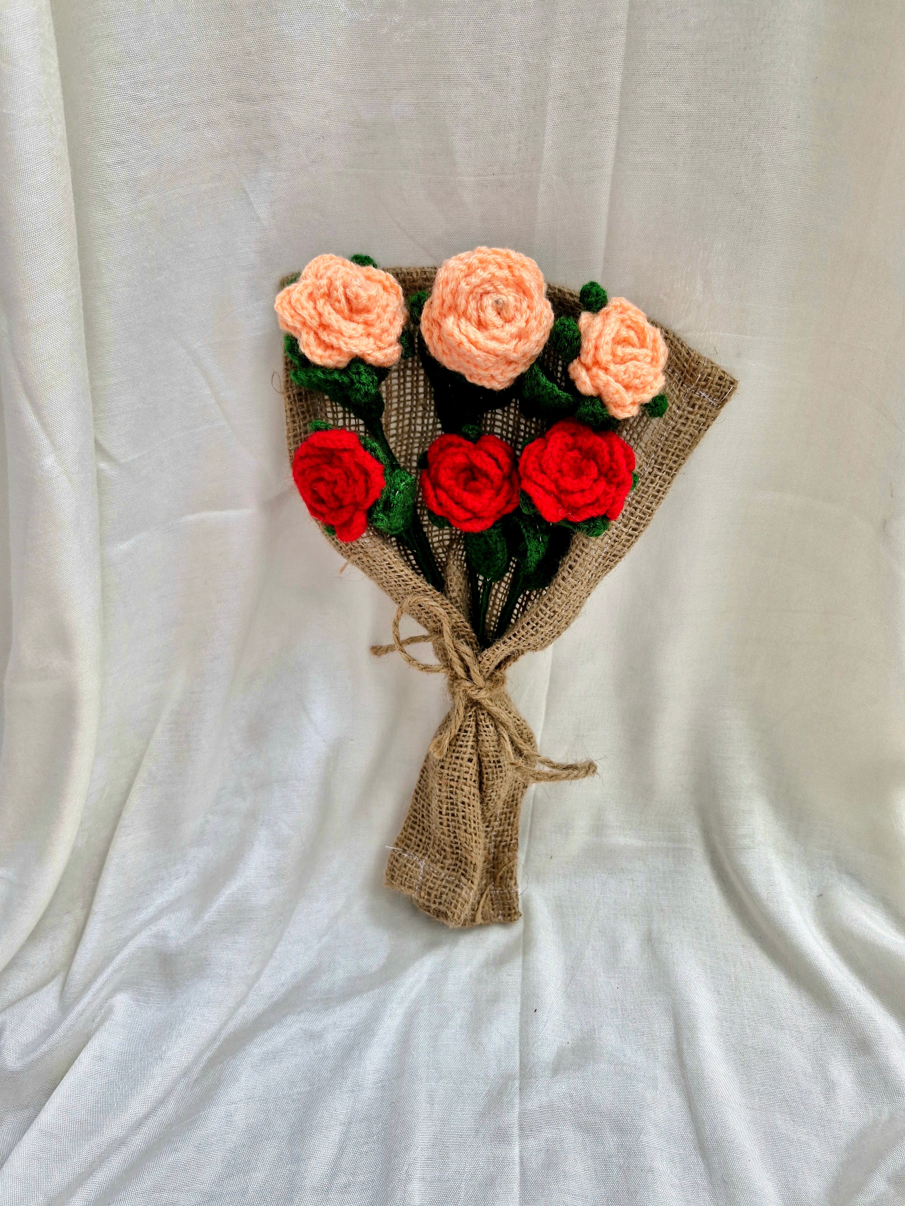 Handmade flower bouquet- set of 3 peach rose and 3 red rose