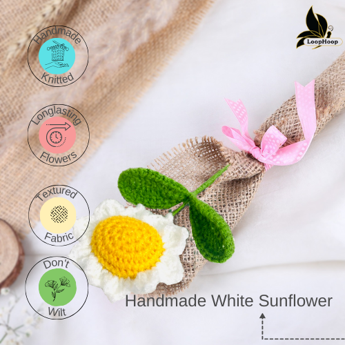 My Sunshine White Sunflower Crochet Flower Bouquet (1 Stem)
