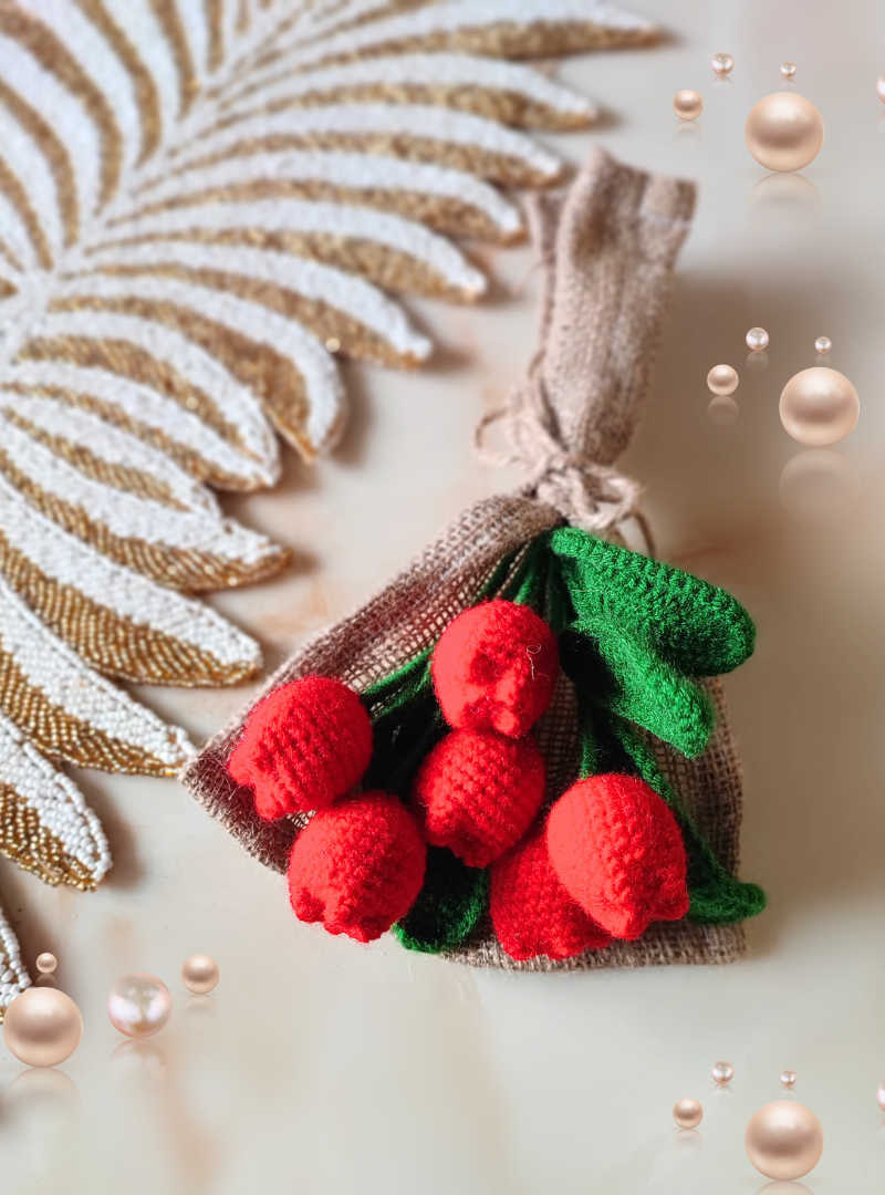 Dancing with Tulip Handmade Crochet Flower Red Tulip Bouquet (6 Stems)