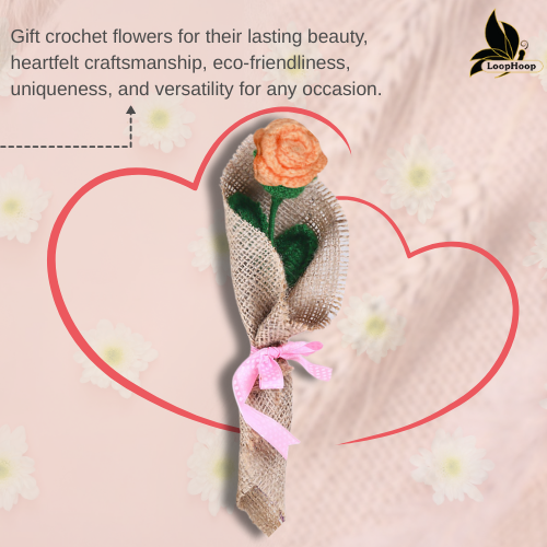 Blissful Peach Rose Crochet Flower Bouquet (1 Stem)