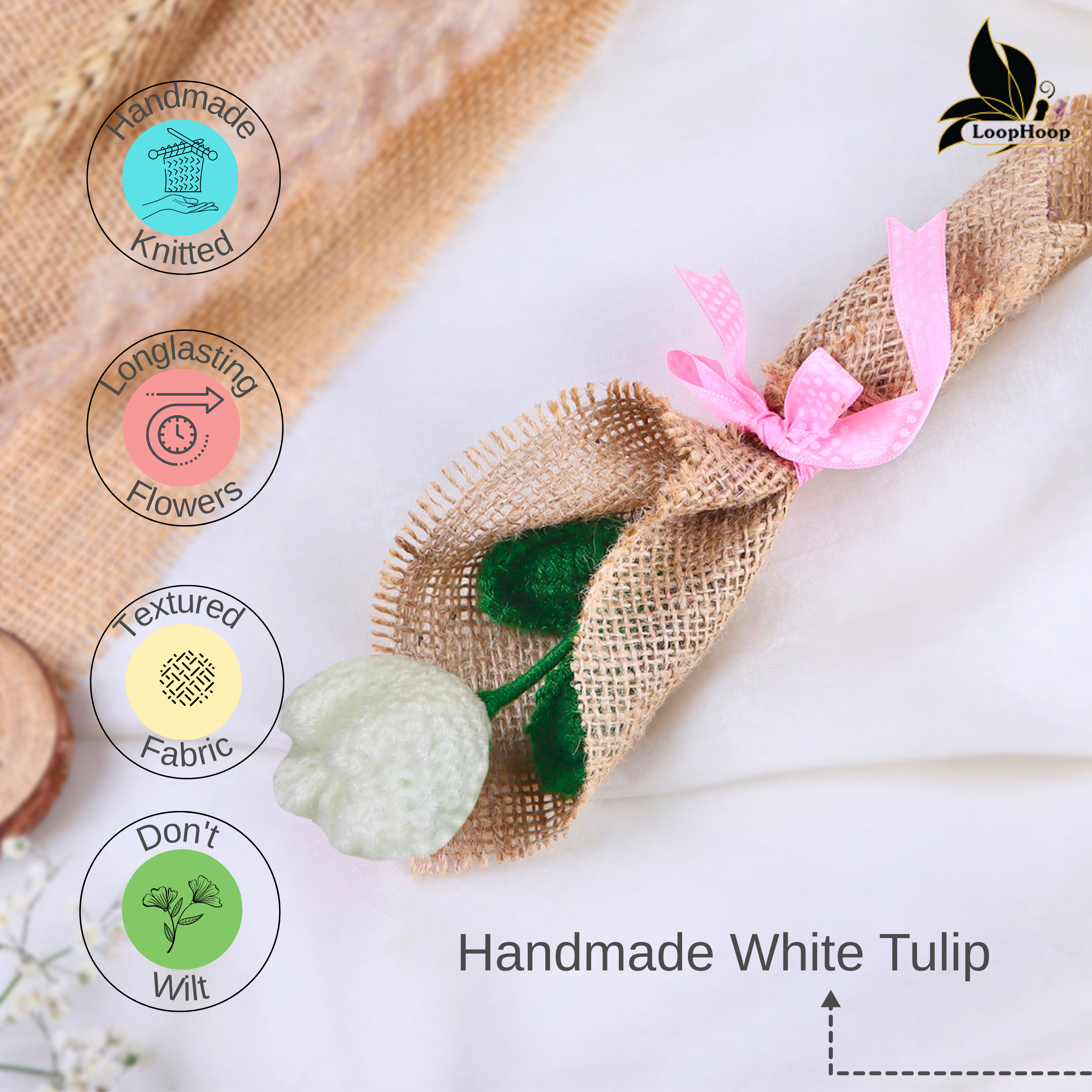 Crochet Handmade White Tulip Bouquet- 1 steam