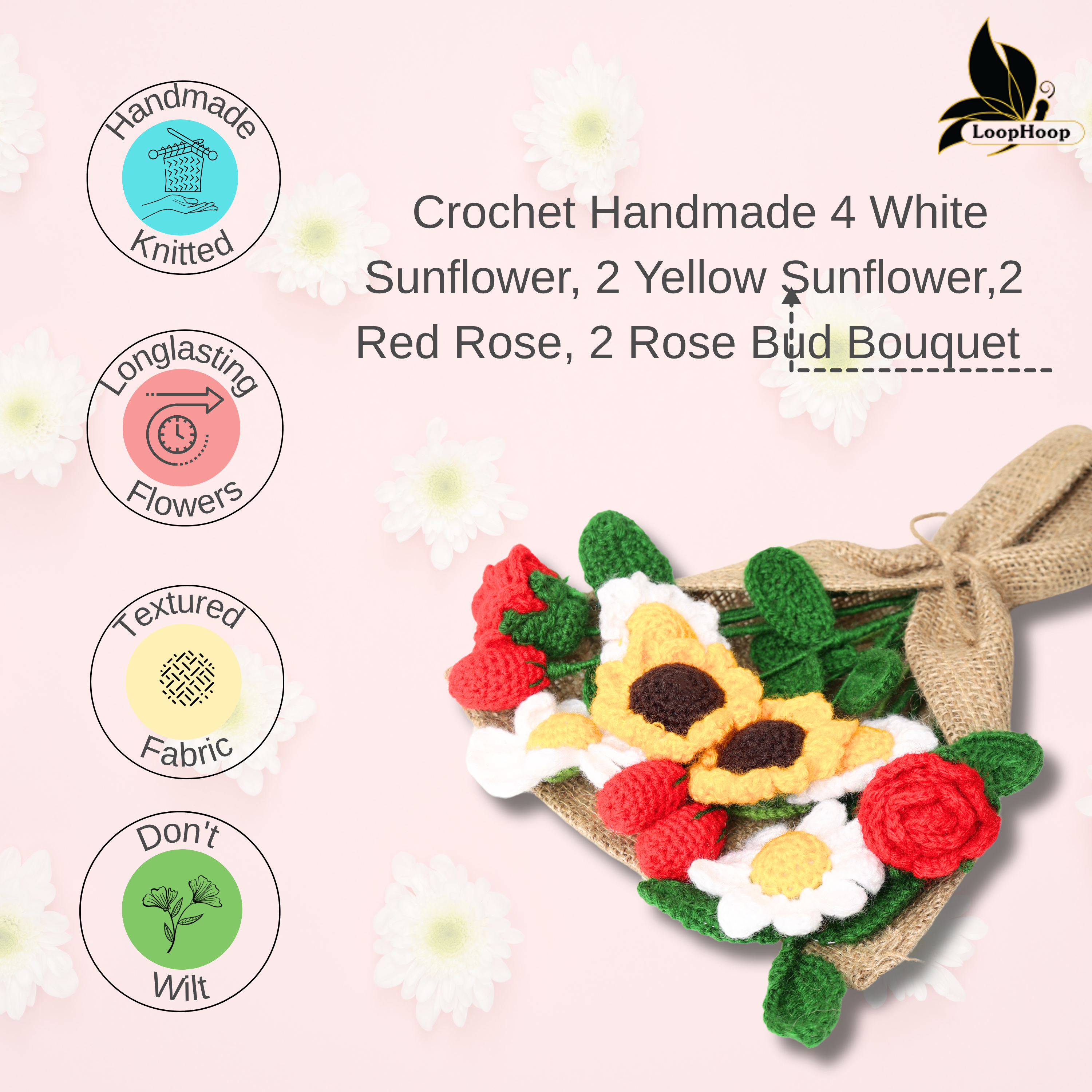 Crochet Handmade Sunflower Mix Bouquet- 12 steam