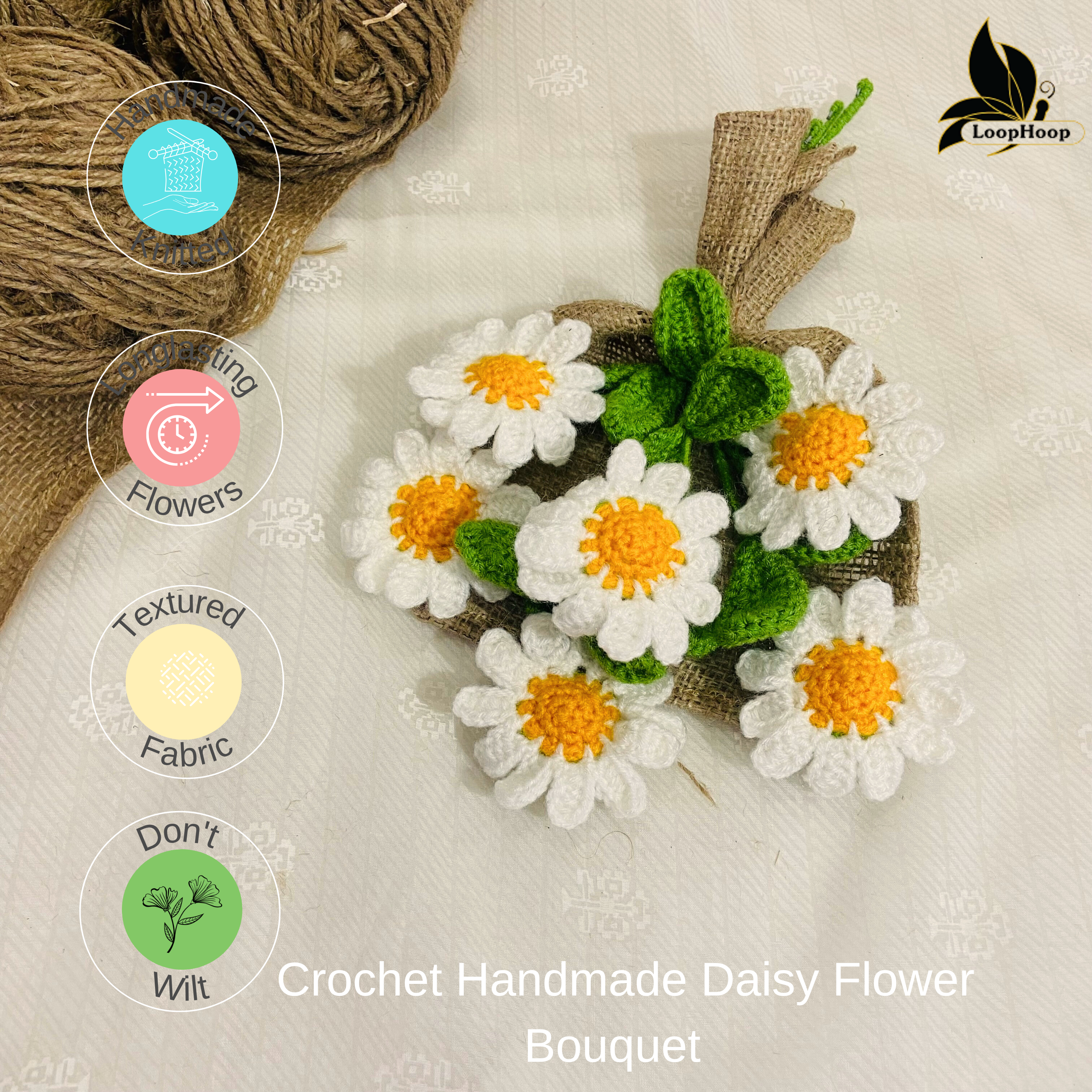 Radiant Handcrafted Crochet Flower White Daisies Bouquet (6 Steams)