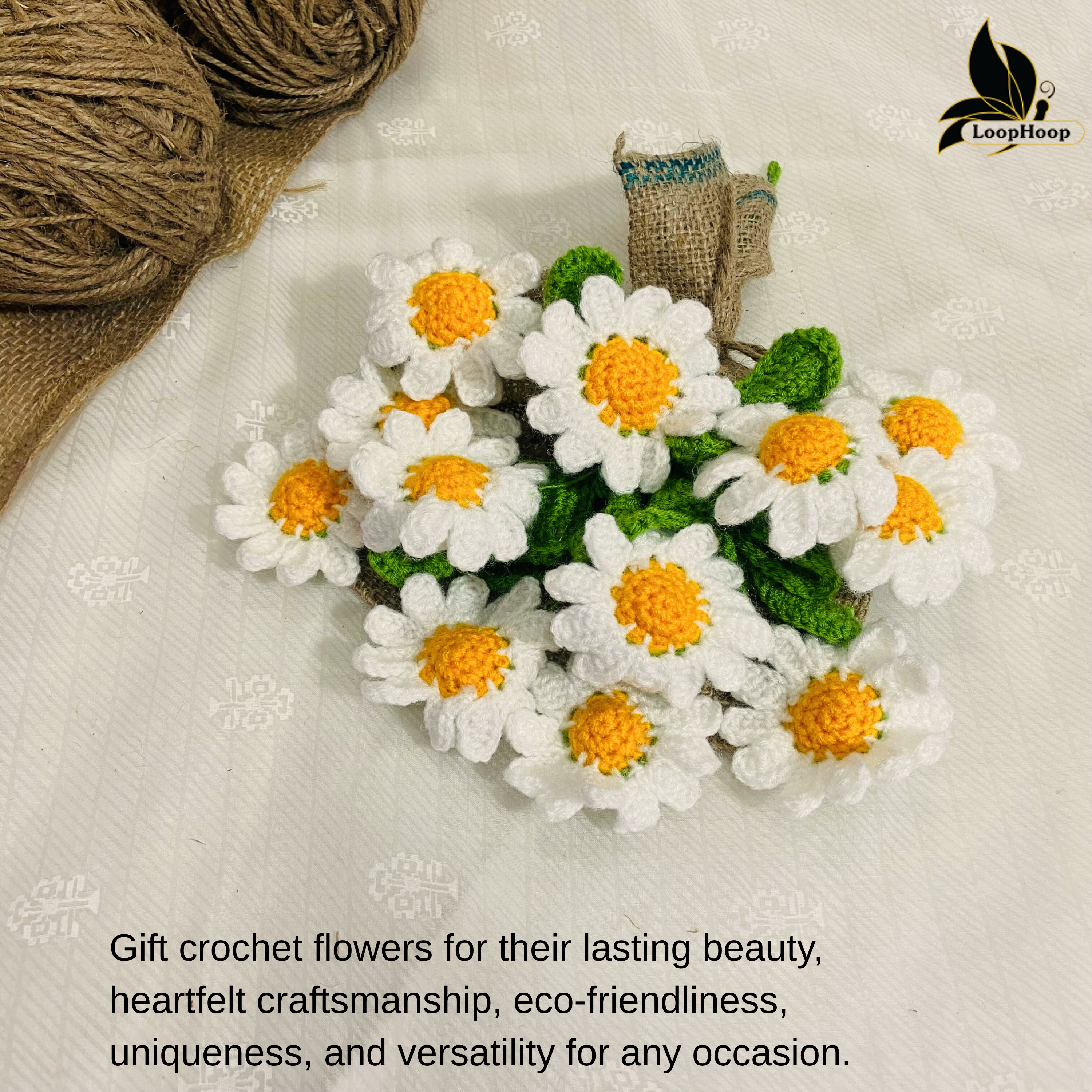 Opulent Handcrafted Crochet Flower White Daisies Bouquet (12 Steams)