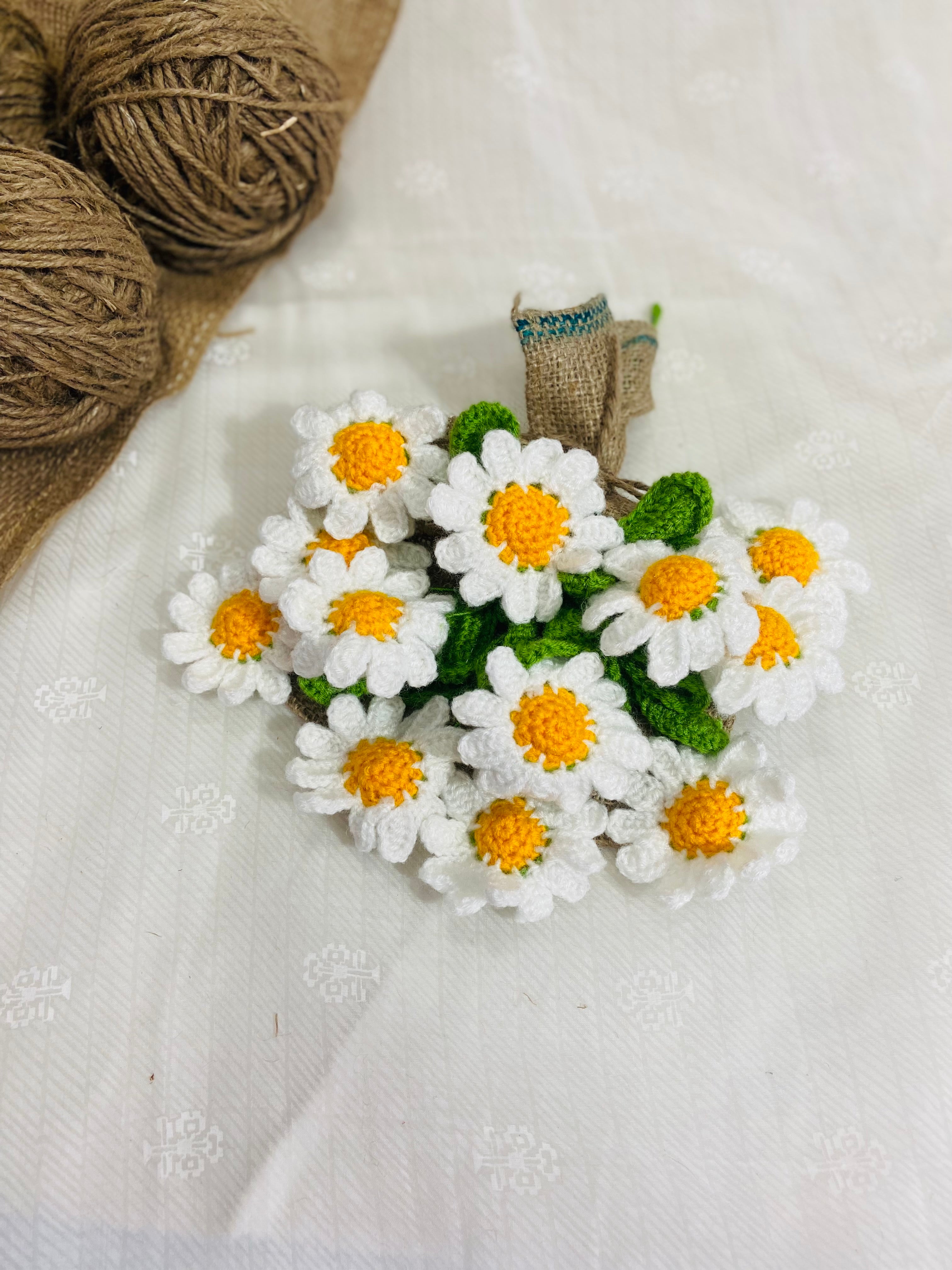 Opulent Handcrafted Crochet Flower White Daisies Bouquet (12 Steams)
