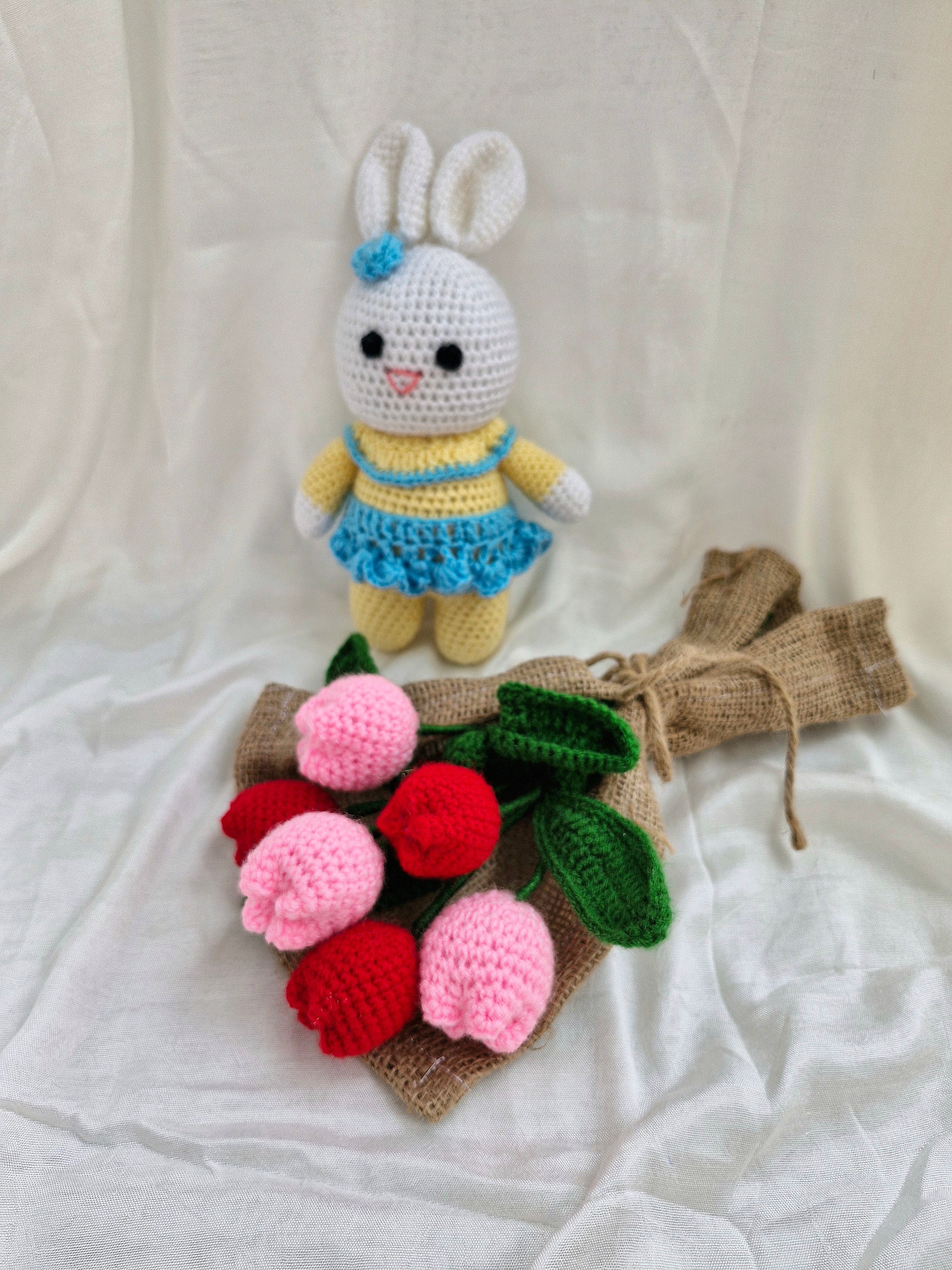 Handmade flower bouquet-Set of 3 red tulip+3 pink tulip and 1 bunny toy