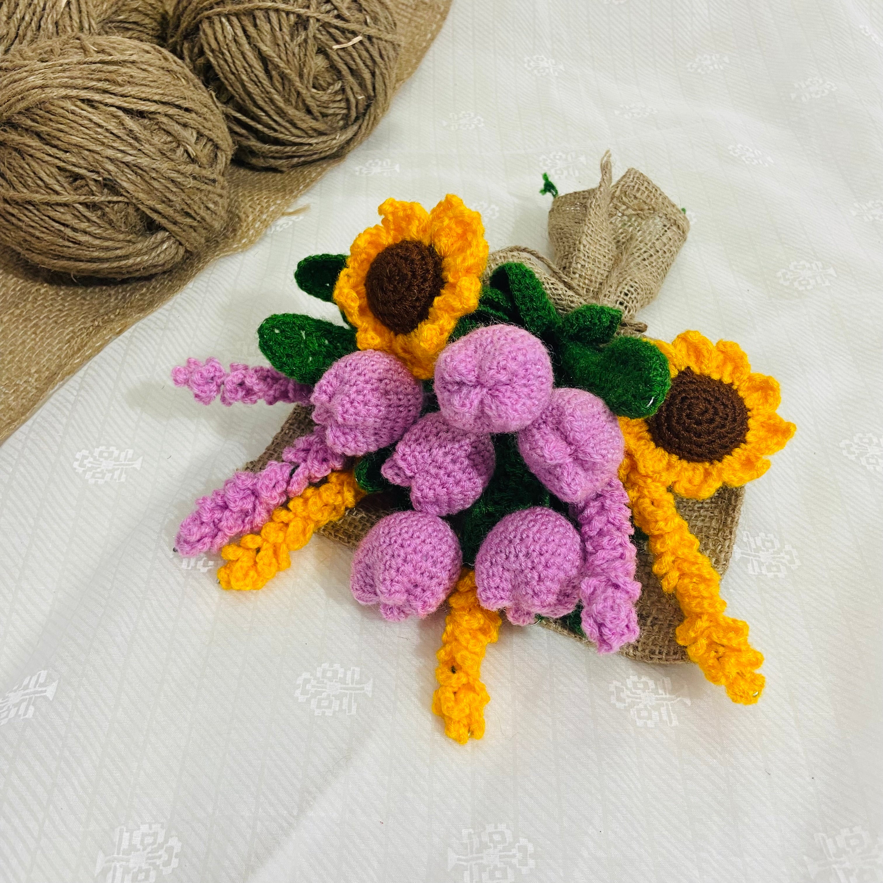 Everlasting Handmade flower bouquet - Set of 6 tulip, 2 sunflower, 3 lavender, 3 yellow lavender