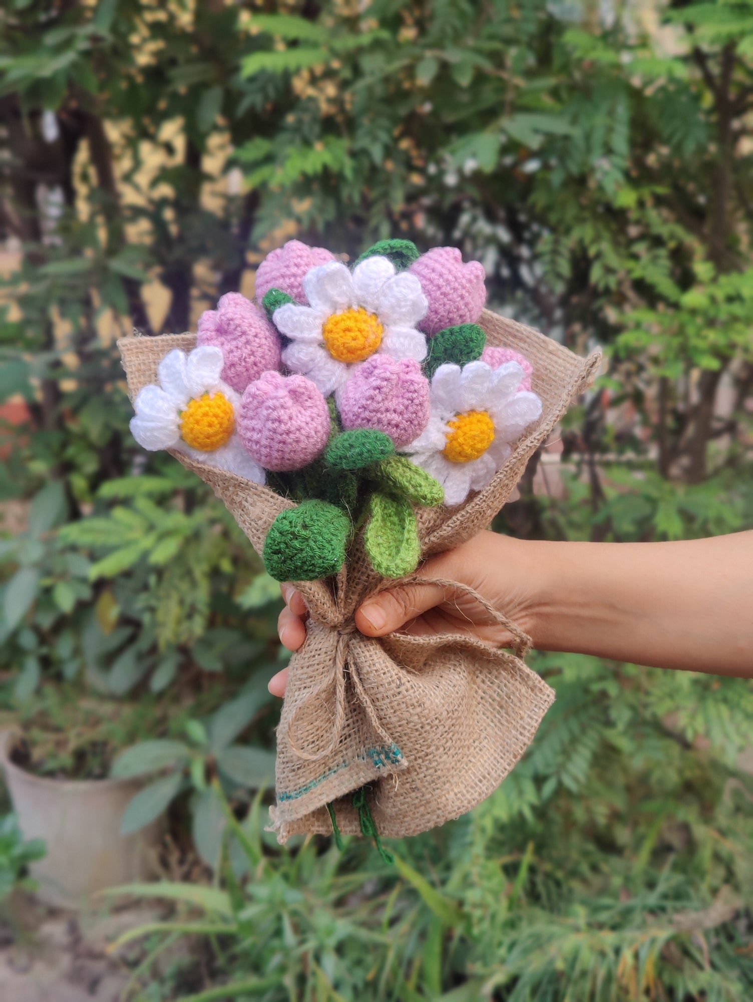 Opulent Handmade flower bouquet-set of 6 purple tulip and 3 white daisy