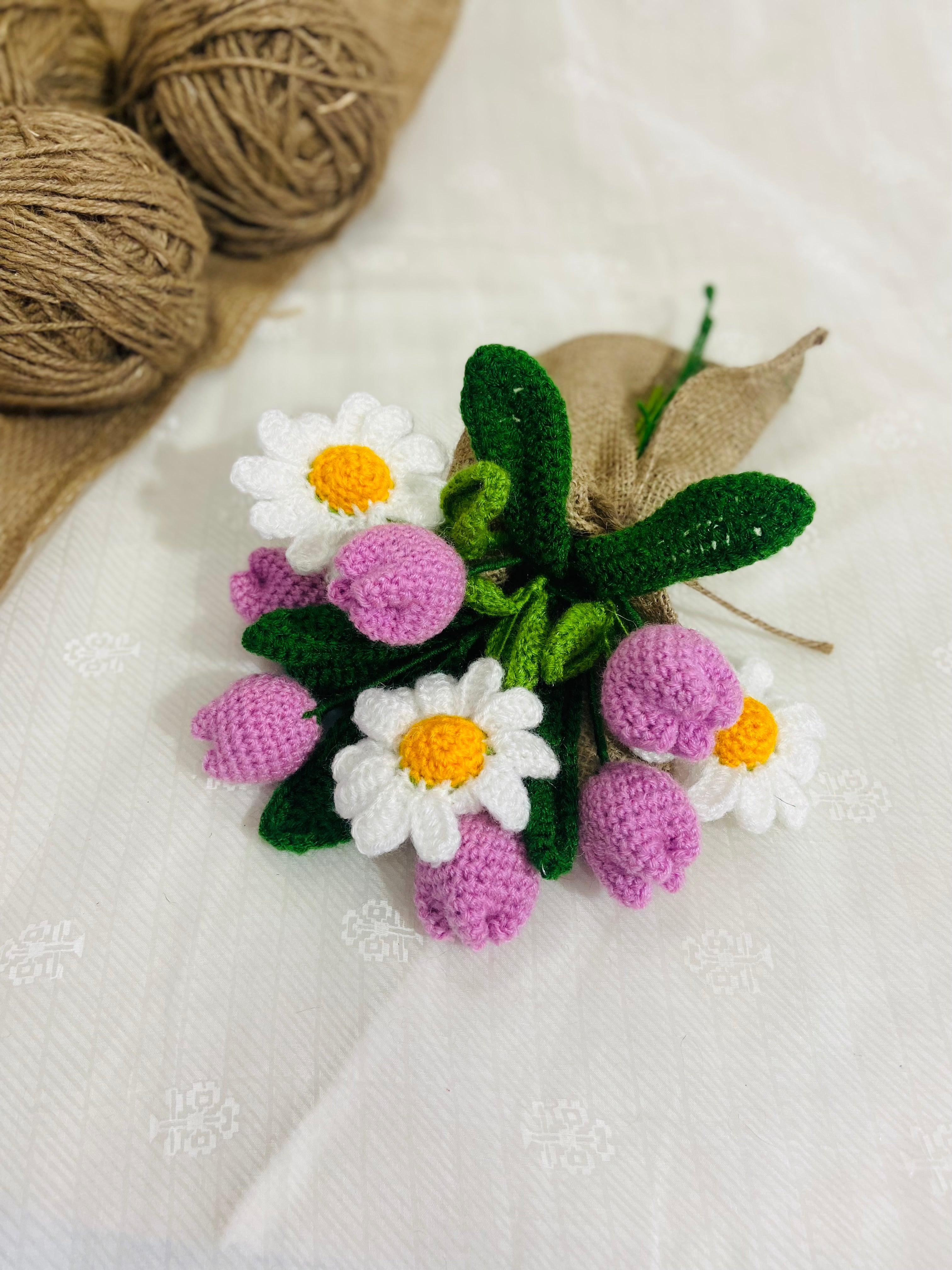 Opulent Handmade flower bouquet-set of 6 purple tulip and 3 white daisy