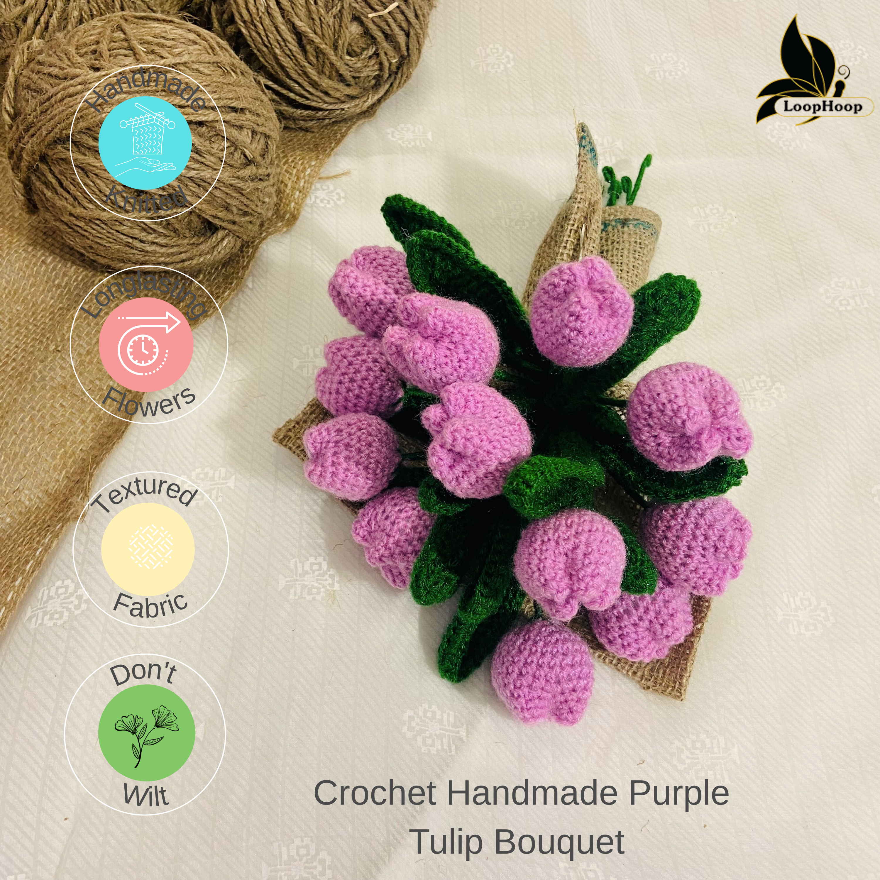 Handmade flower bunch(without the vase)- set of 12 purple tulip and 6 purple buds