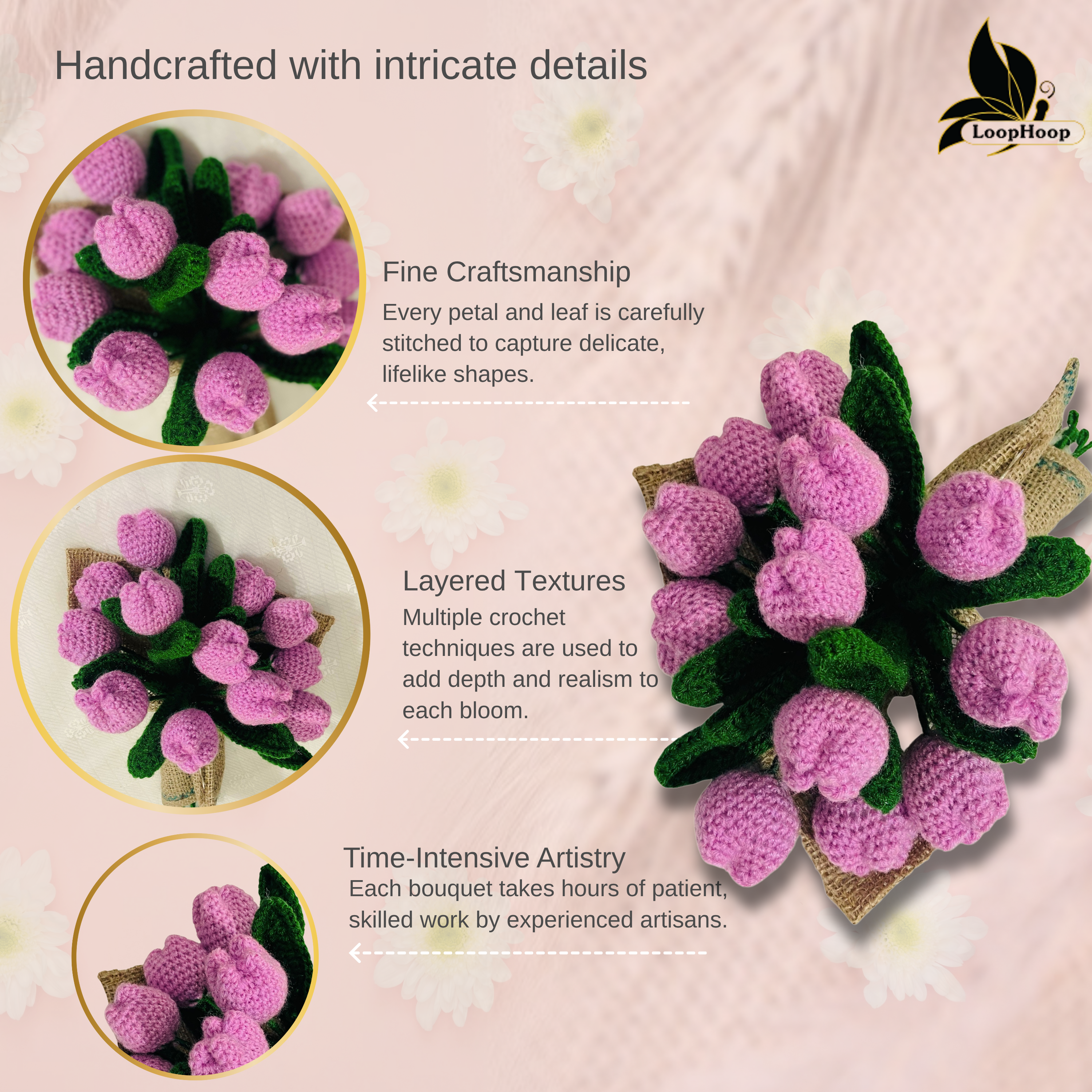 Handmade flower bunch(without the vase)- set of 12 purple tulip and 6 purple buds