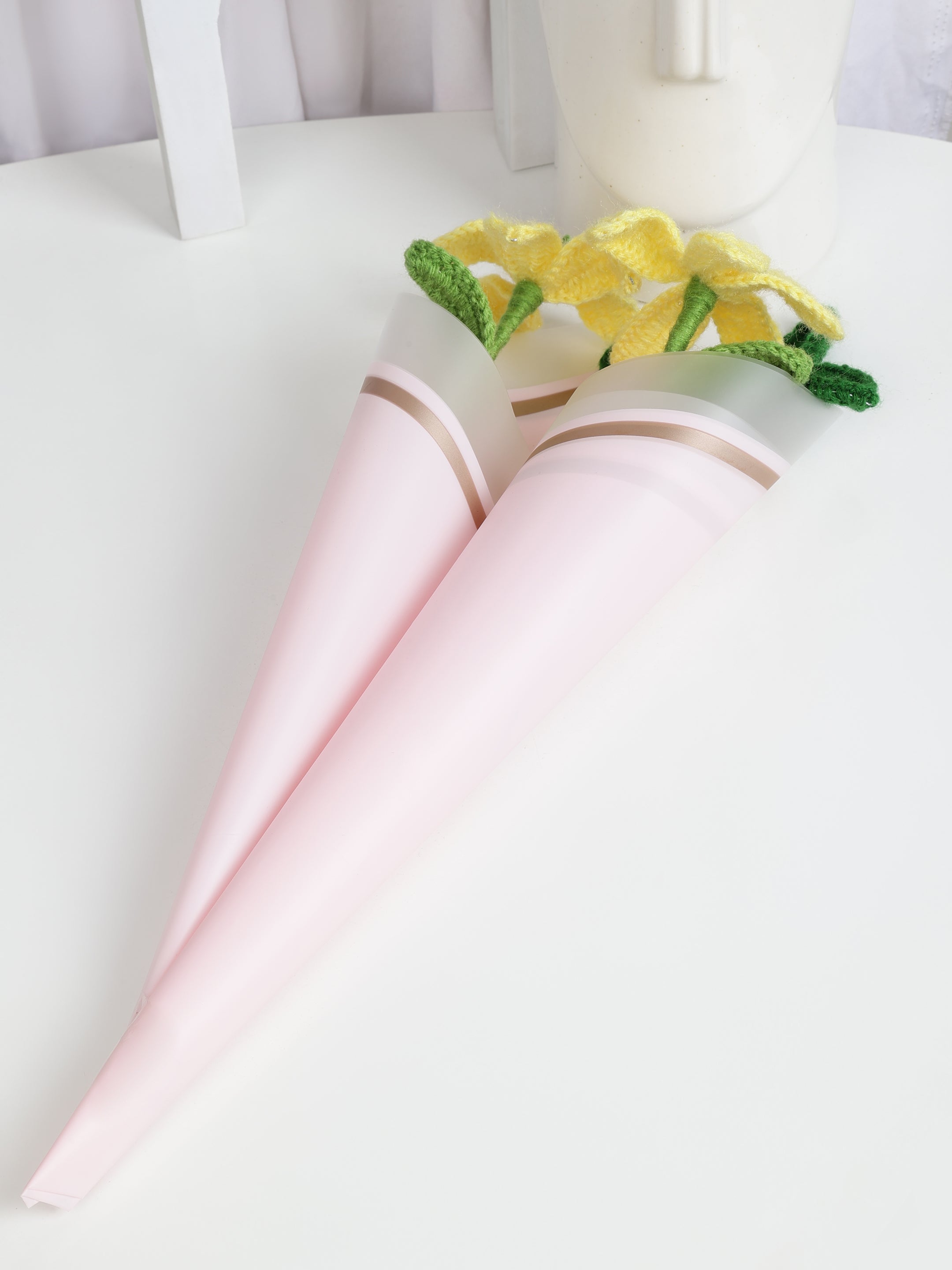 Crochet Handmade Yellow Lily And Green Leaf Bouquet- 3 steam