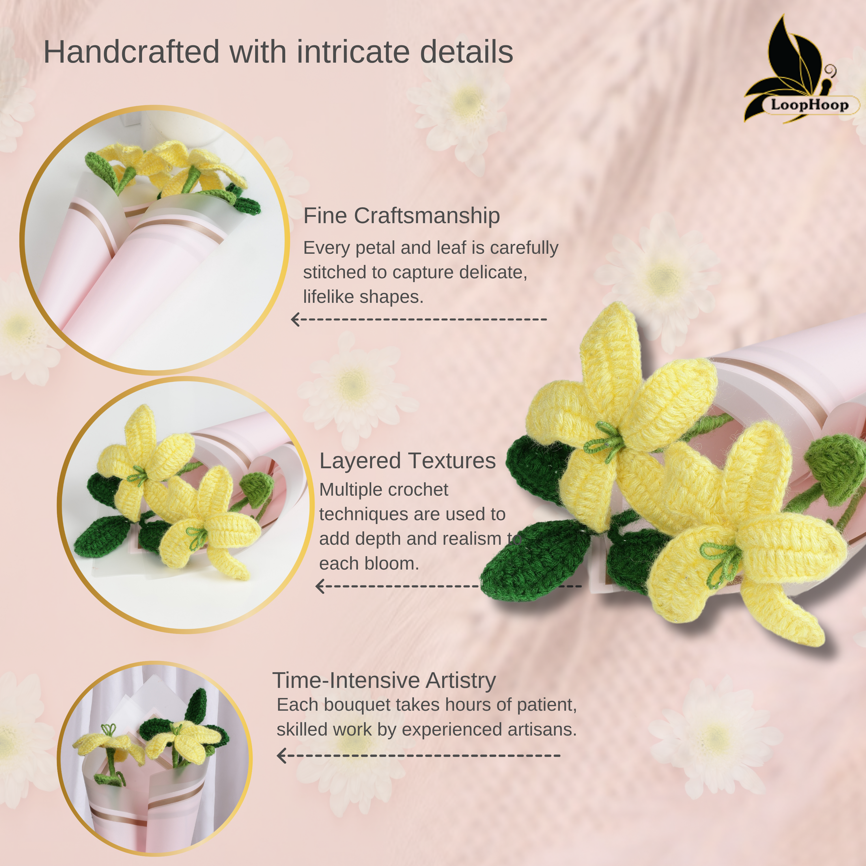 Crochet Handmade Yellow Lily And Green Leaf Bouquet- 3 steam