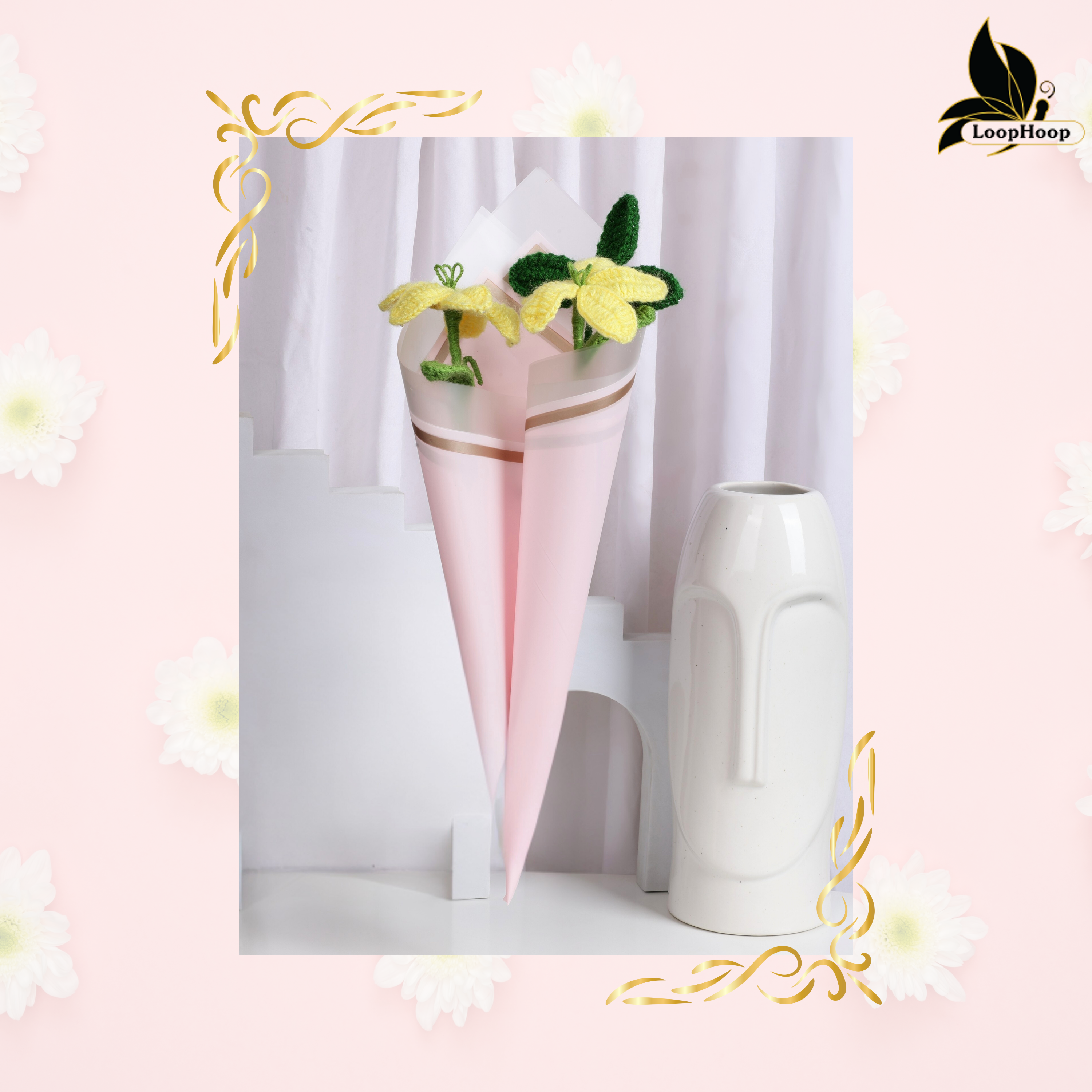 Crochet Handmade Yellow Lily And Green Leaf Bouquet- 3 steam