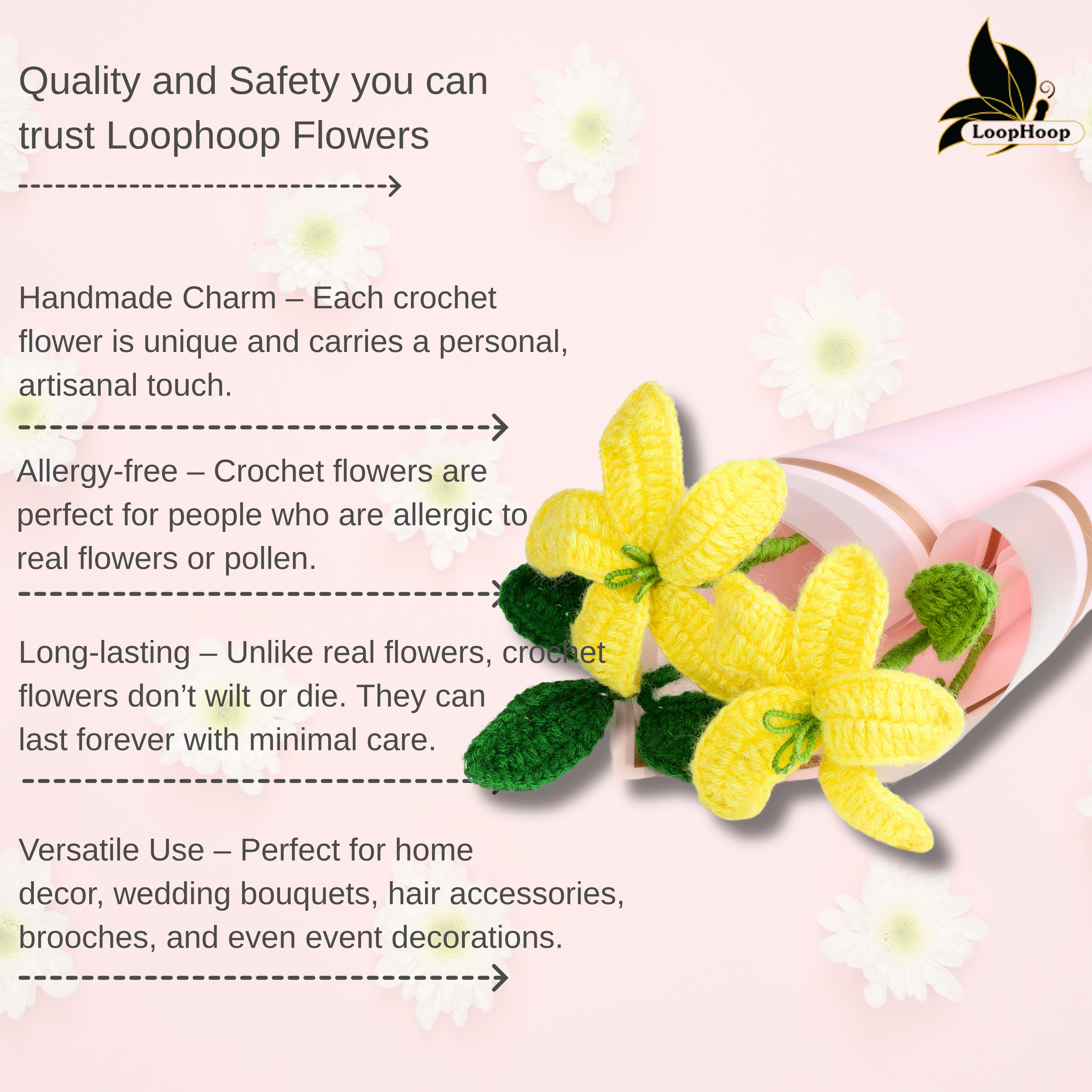 Crochet Handmade Yellow Lily And Green Leaf Bouquet- 3 steam