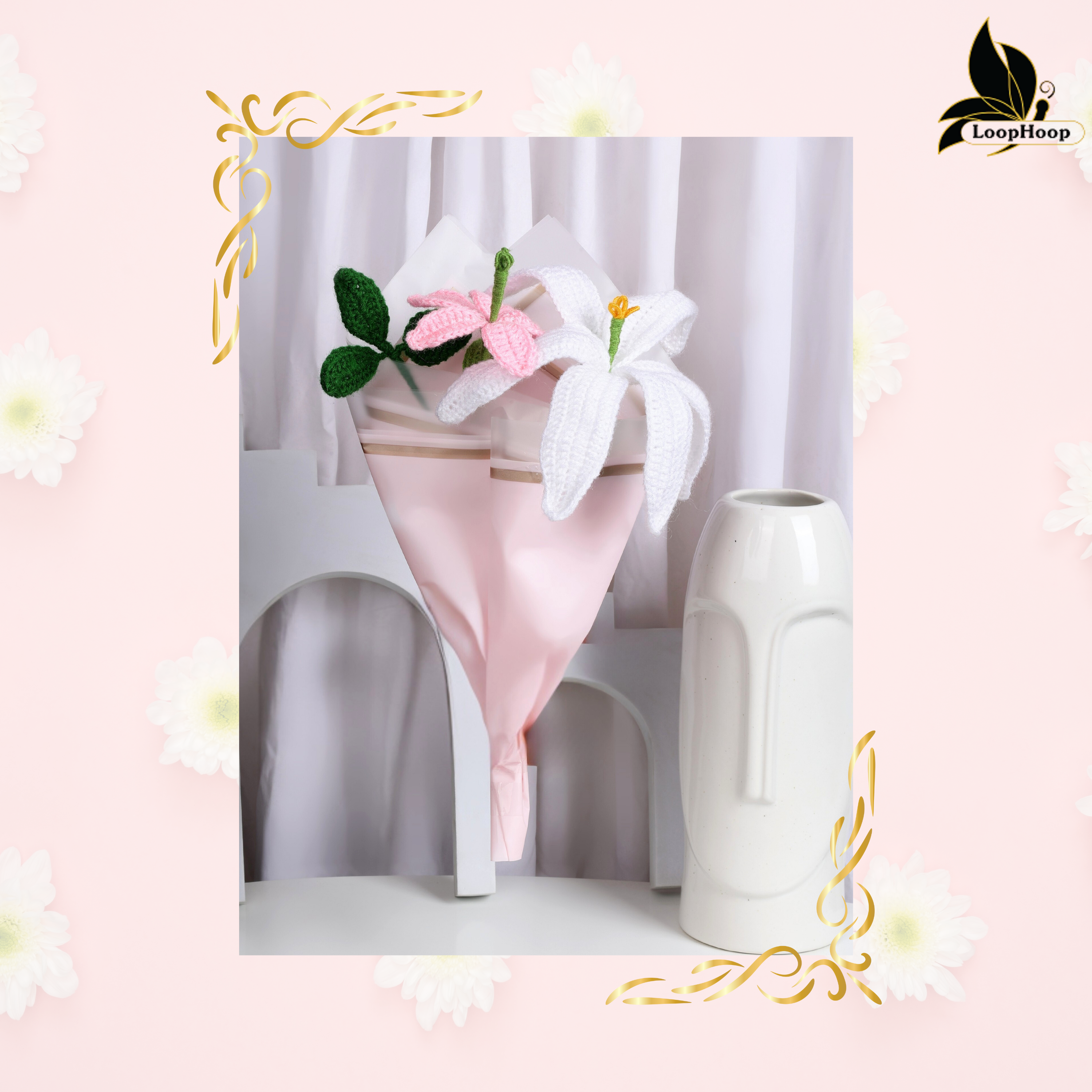 Crochet Handmade White ,pink Lily   Bouquet- 3 steam