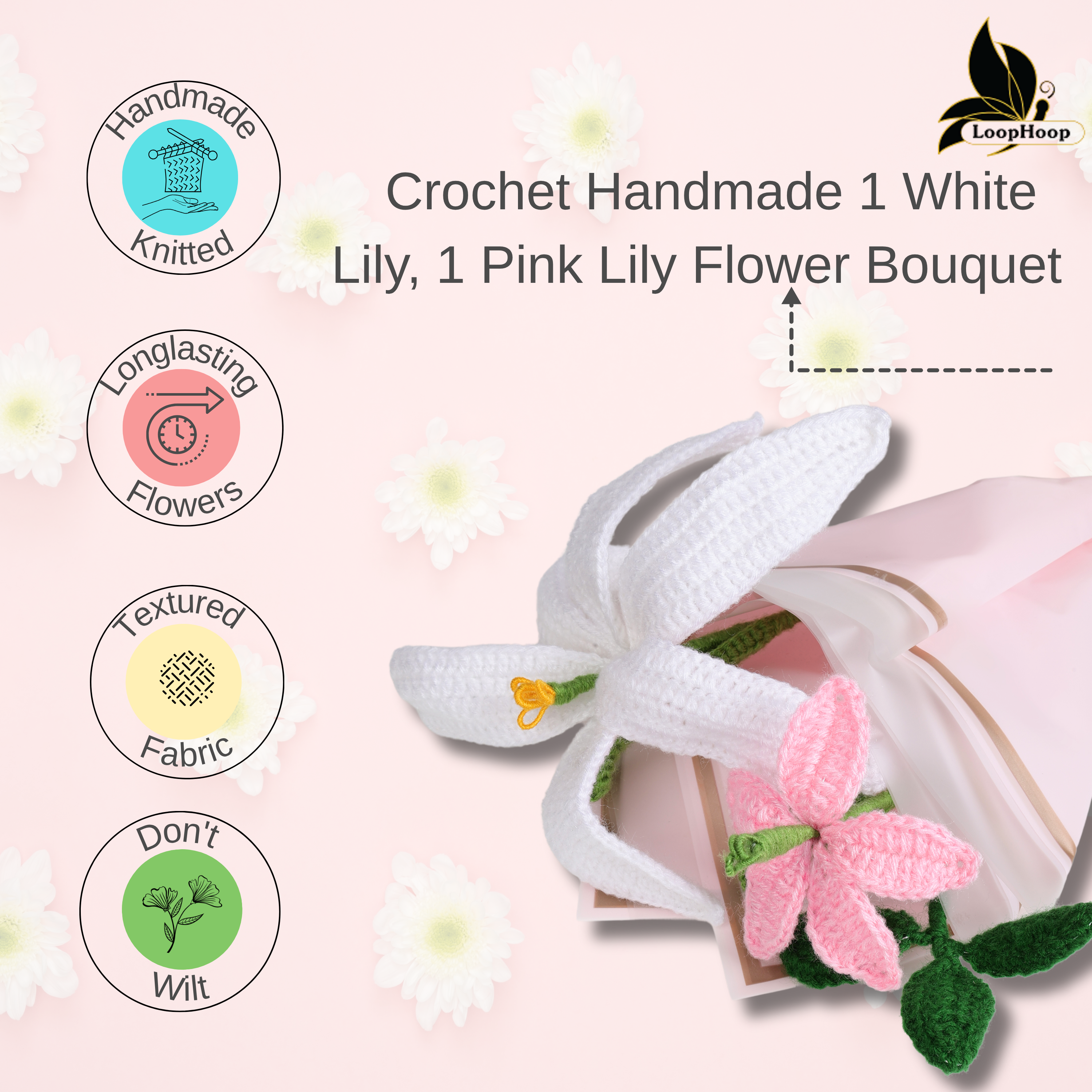 Crochet Handmade White ,pink Lily   Bouquet- 3 steam