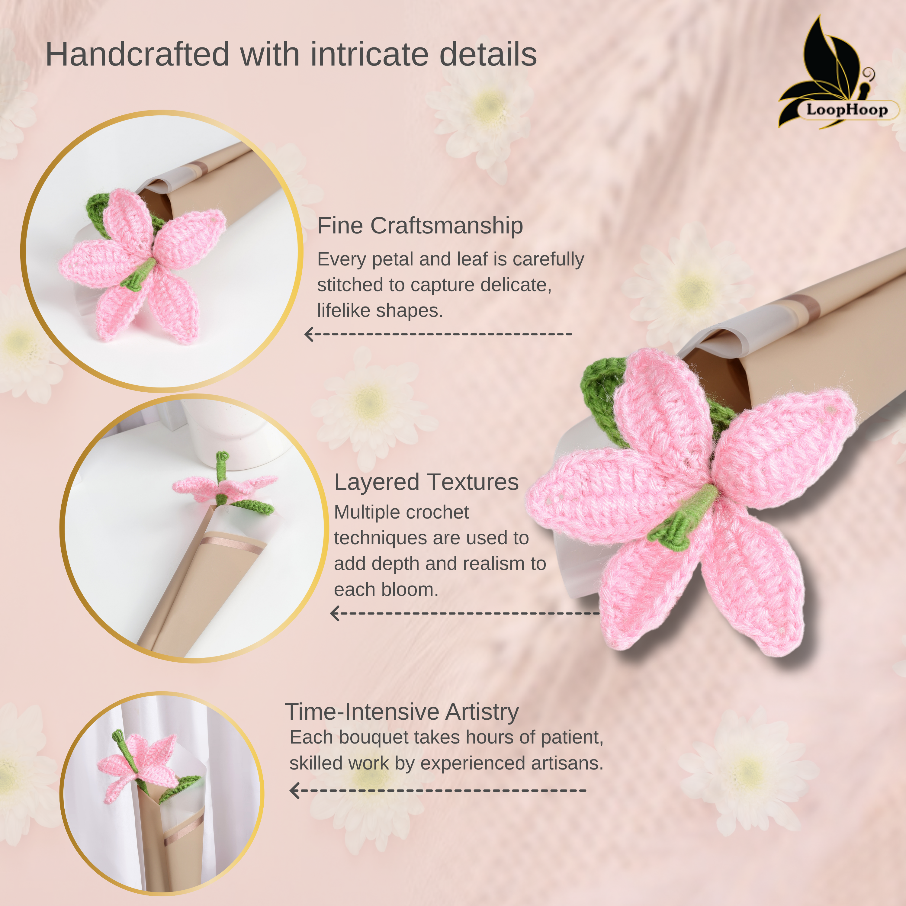 Crochet Handmade Pink Lily - 1 steam