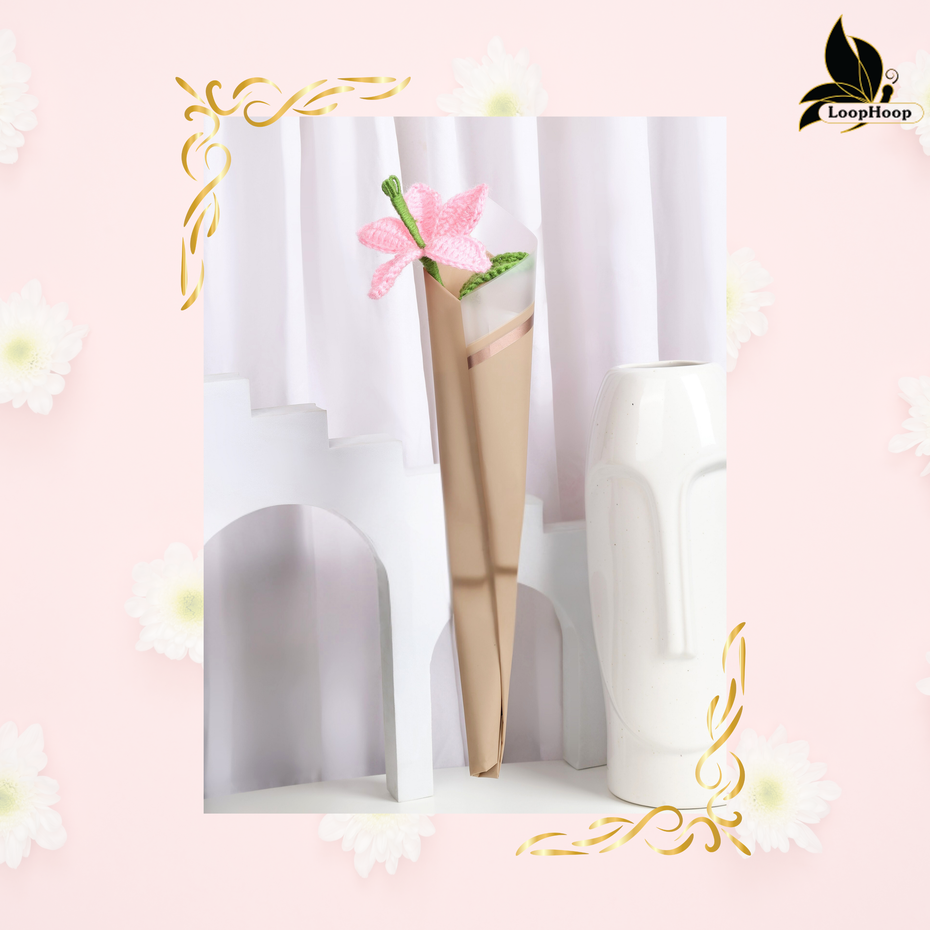 Crochet Handmade Pink Lily - 1 steam