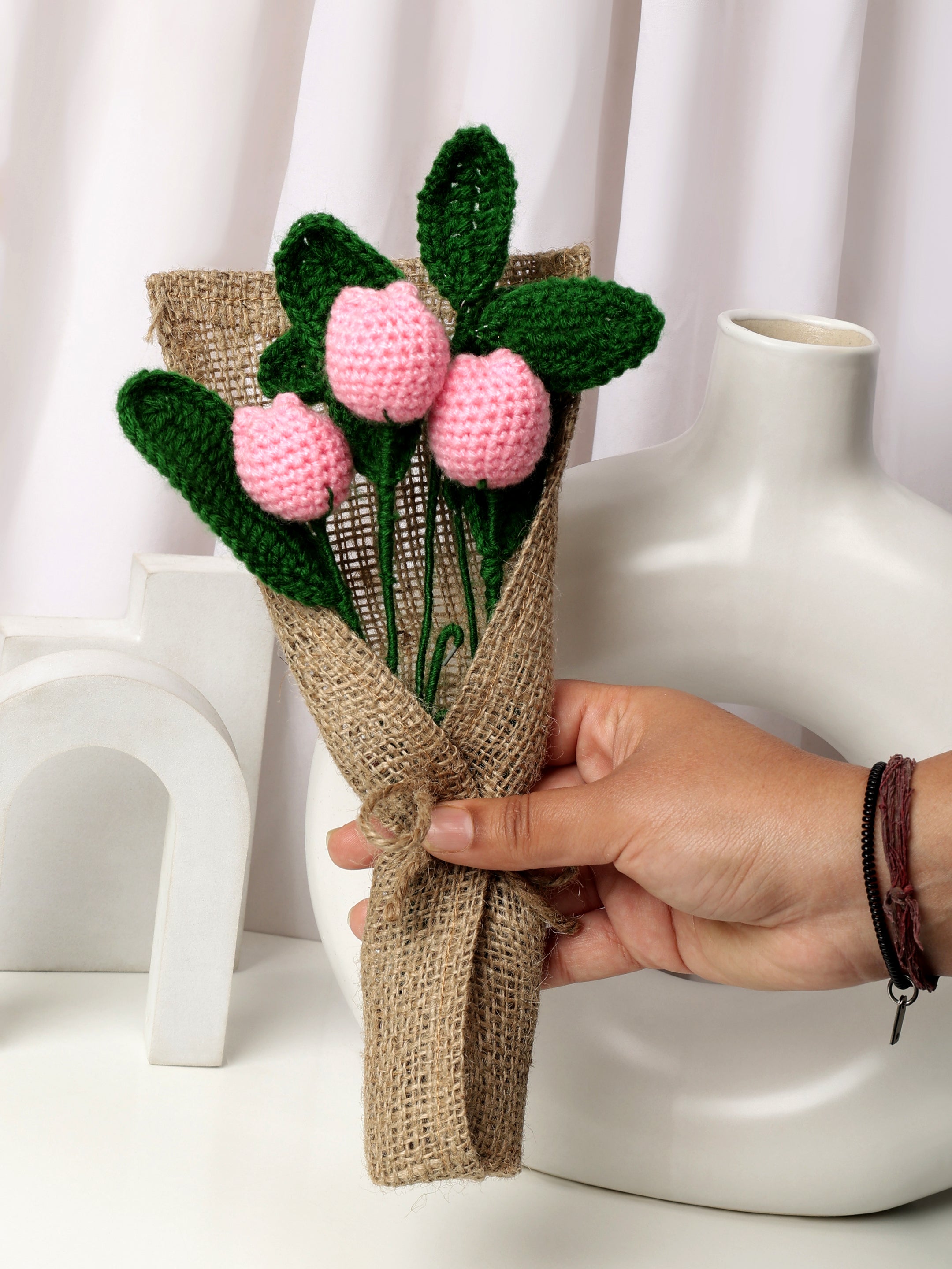 Crochet Handmade Pink Tulip Bouquet- 3 steam