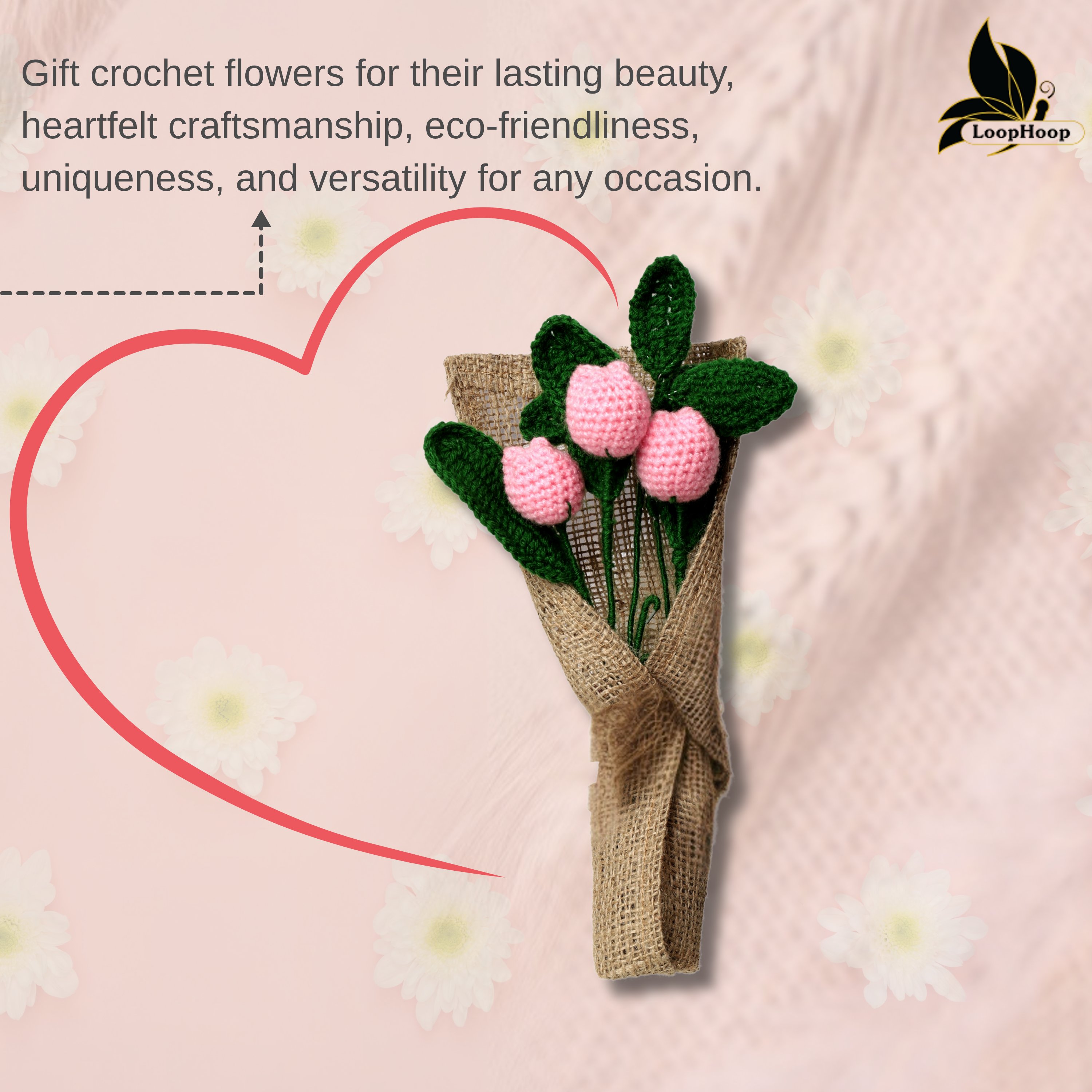 Crochet Handmade Pink Tulip Bouquet- 3 steam