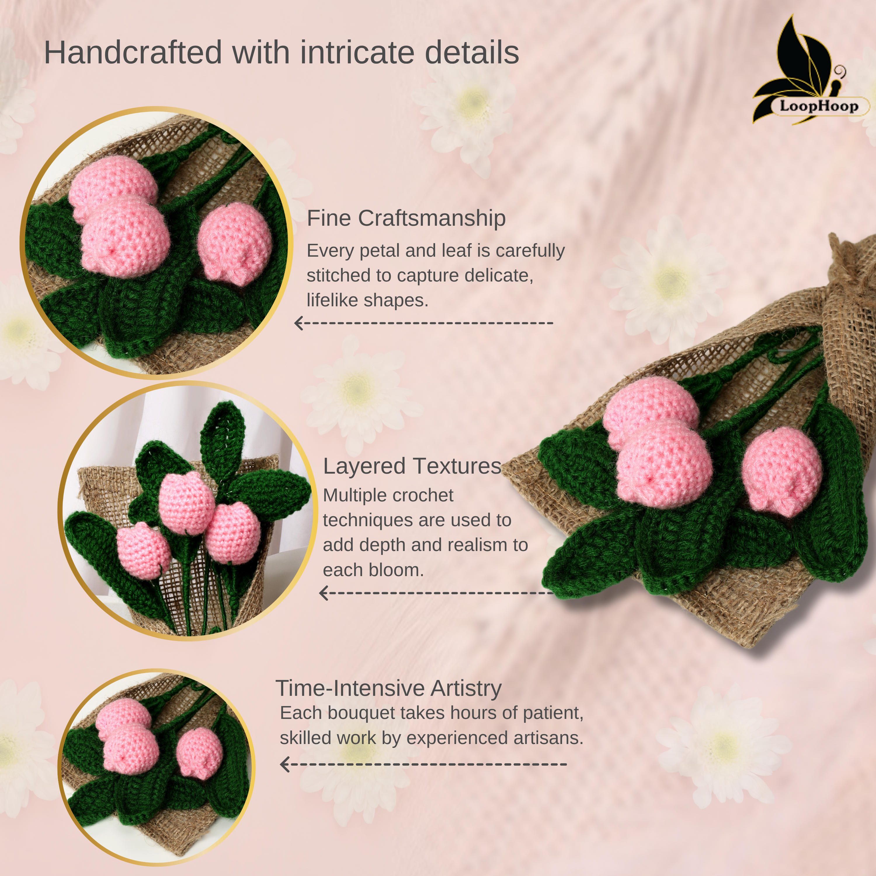 Crochet Handmade Pink Tulip Bouquet- 3 steam