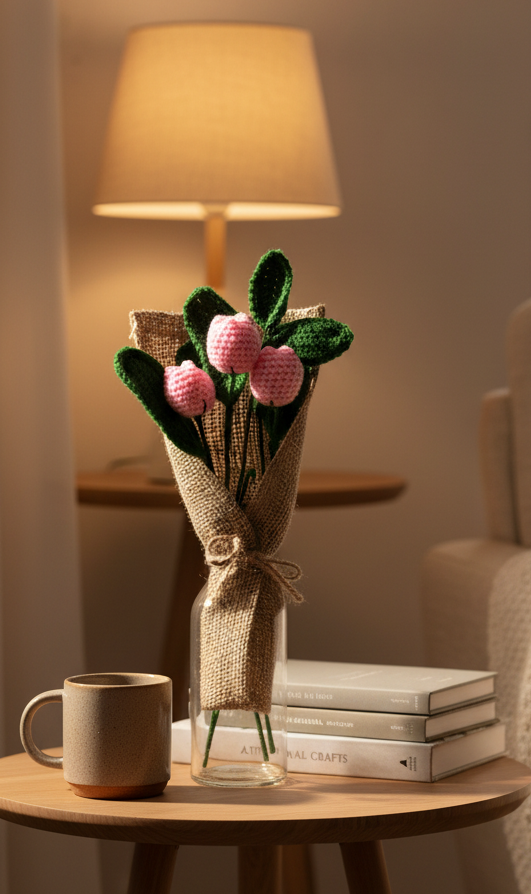Crochet Handmade Pink Tulip Bouquet- 3 steam