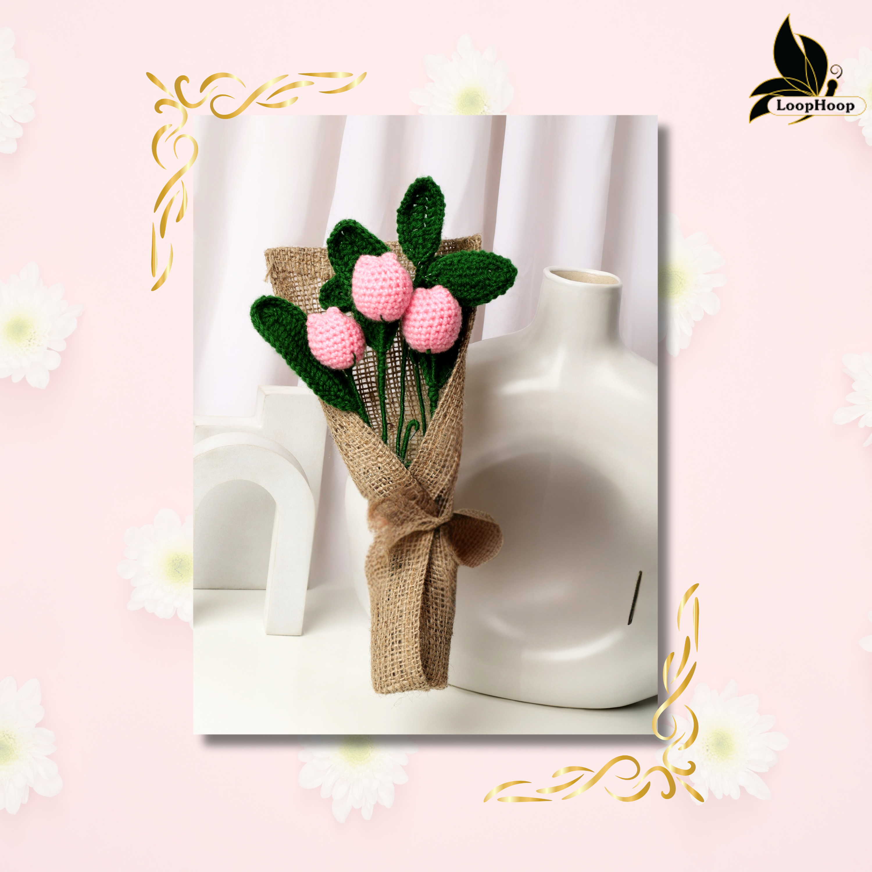 Crochet Handmade Pink Tulip Bouquet- 3 steam