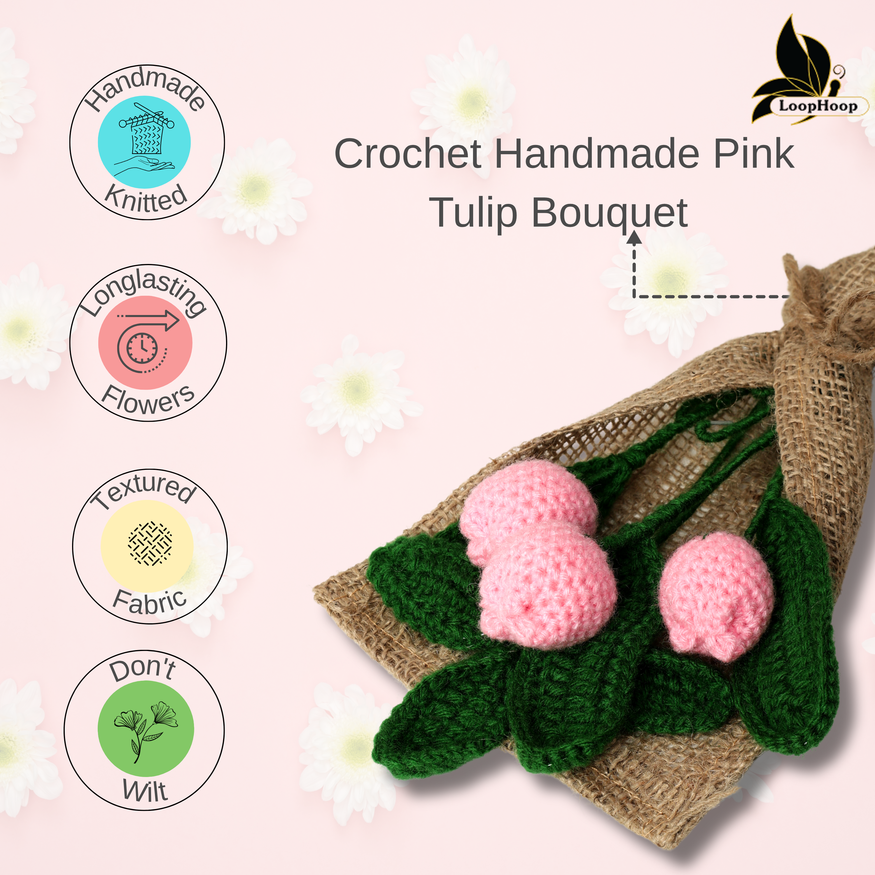Crochet Handmade Pink Tulip Bouquet- 3 steam