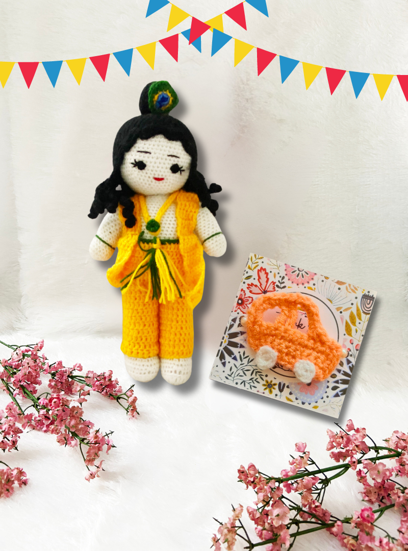 Handmade Crochet Car Rakhi with Krishna Toy