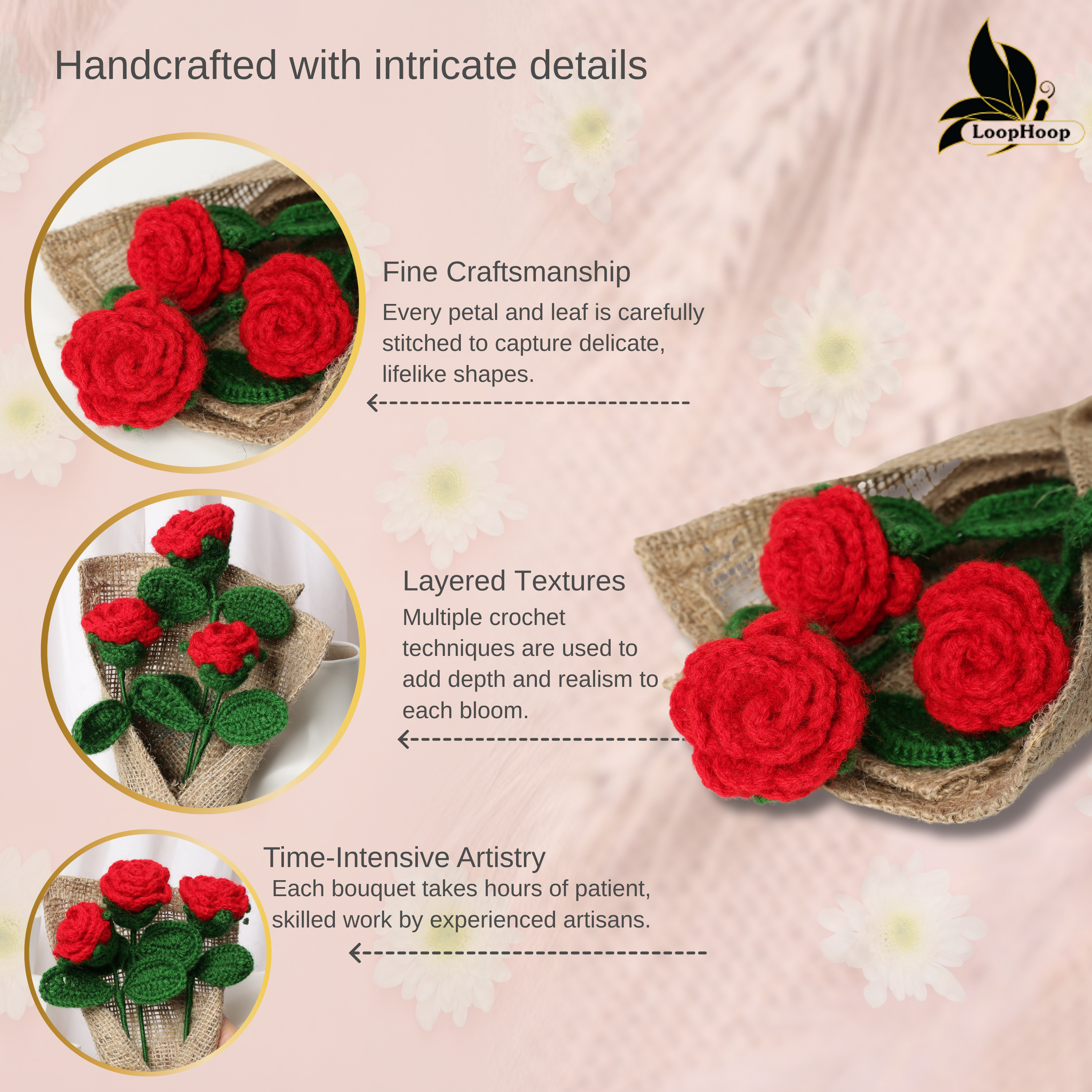 Crochet Handmade Red Rose Bouquet- 3 steam