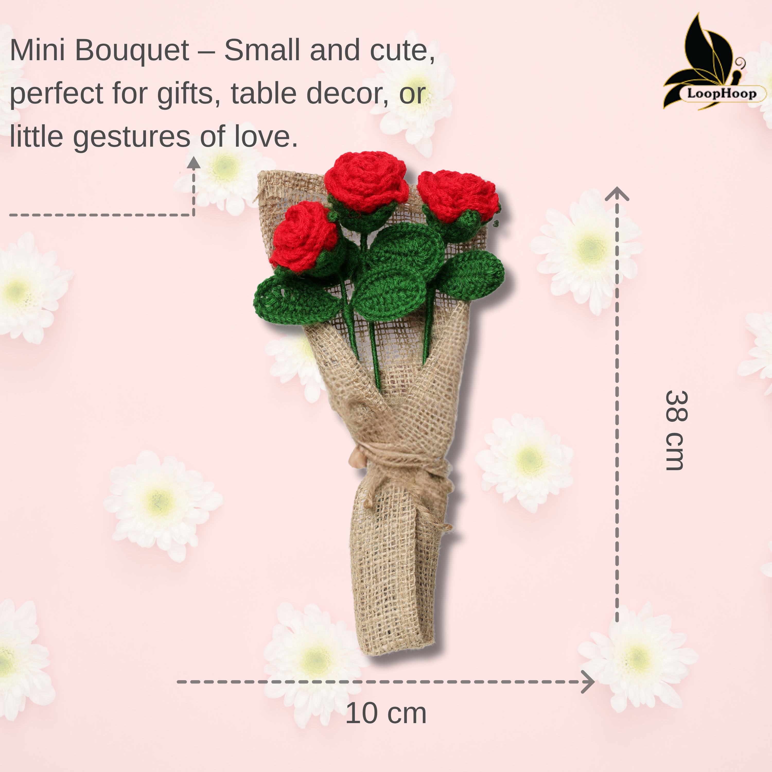 Crochet Handmade Red Rose Bouquet- 3 steam