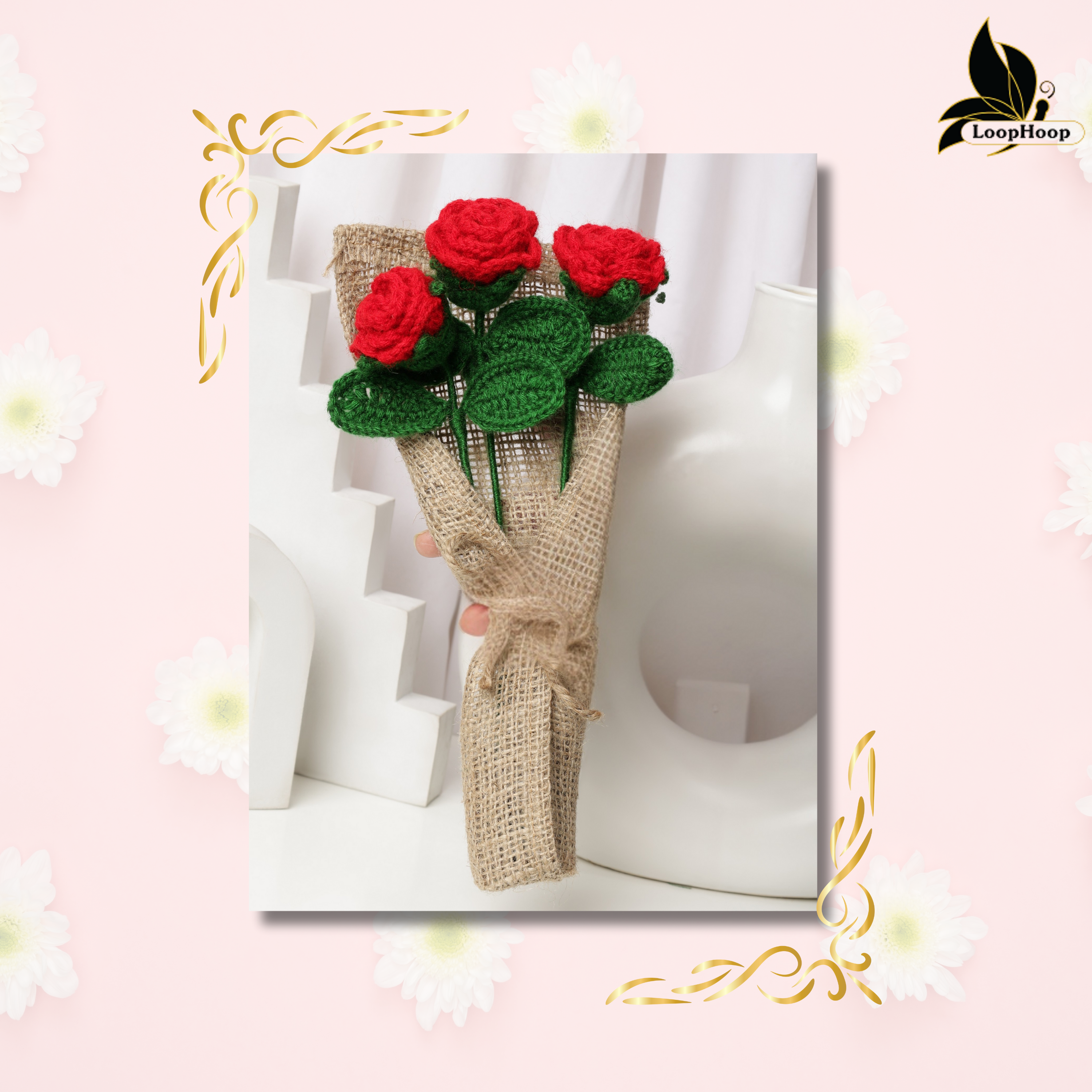 Crochet Handmade Red Rose Bouquet- 3 steam