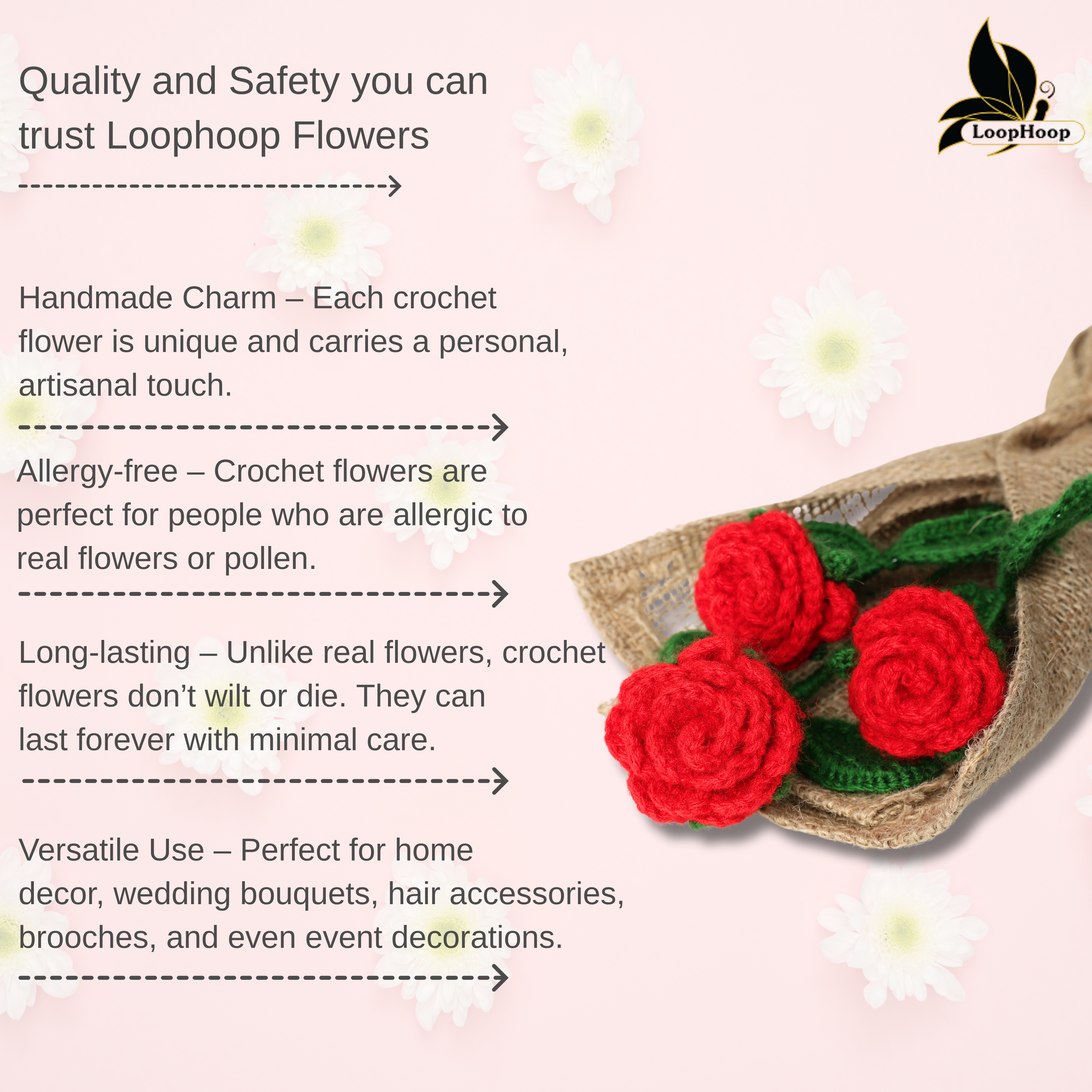 Crochet Handmade Red Rose Bouquet- 3 steam