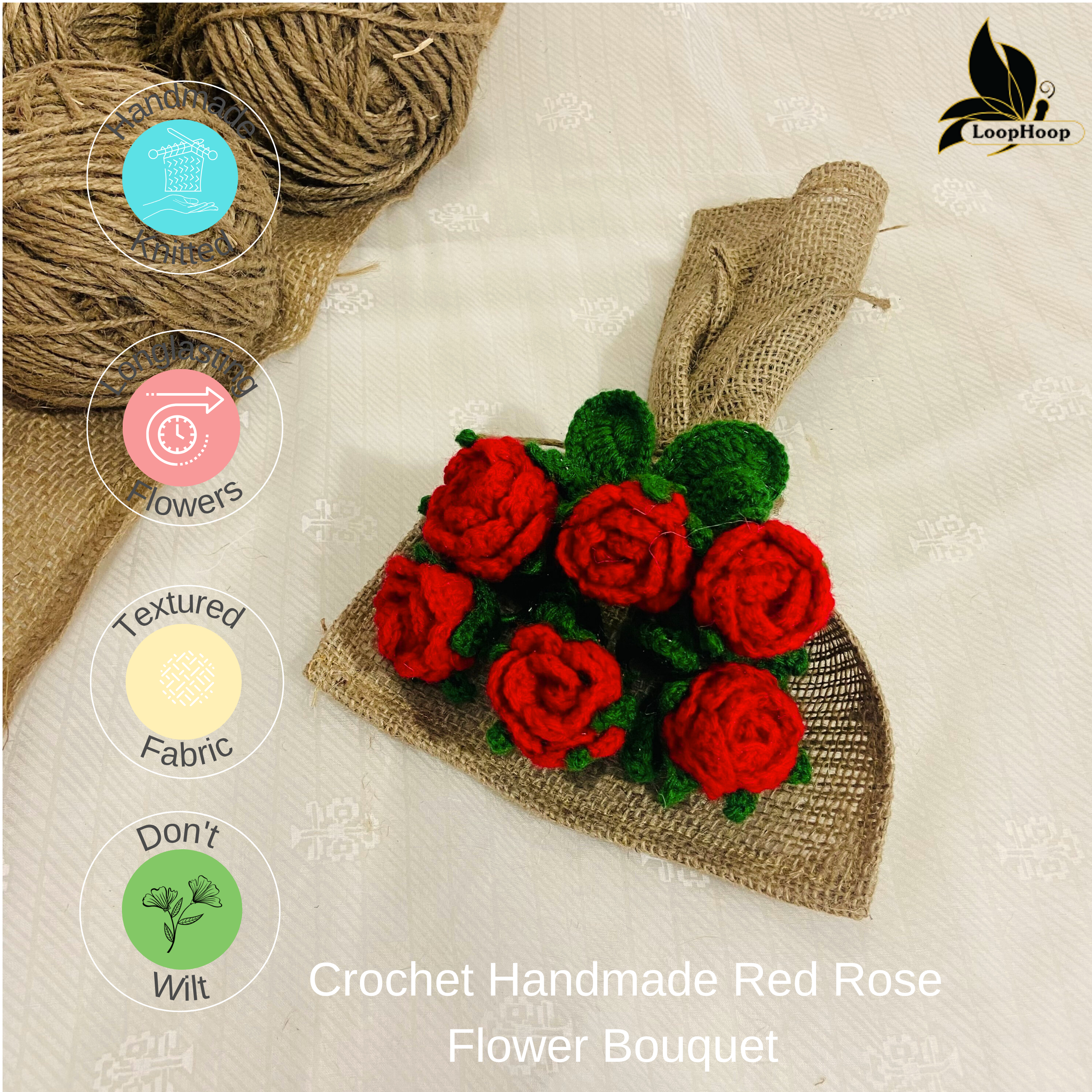 Timeless Passion Handmade Crochet Flower Red Rose Bouquet (6 steams)