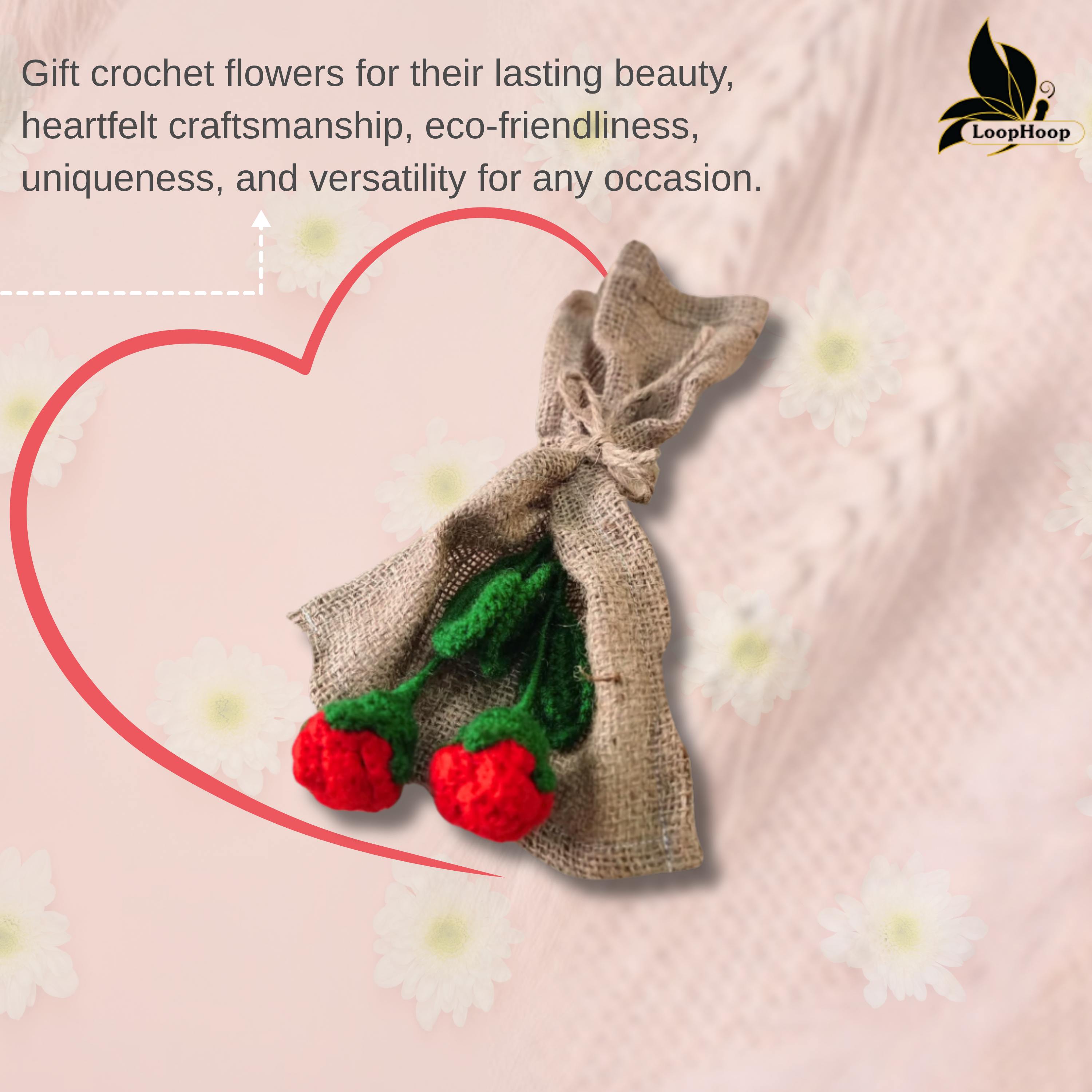 The Majestic Beauty Red Rose Crochet Flower Bouquet (2 steam)