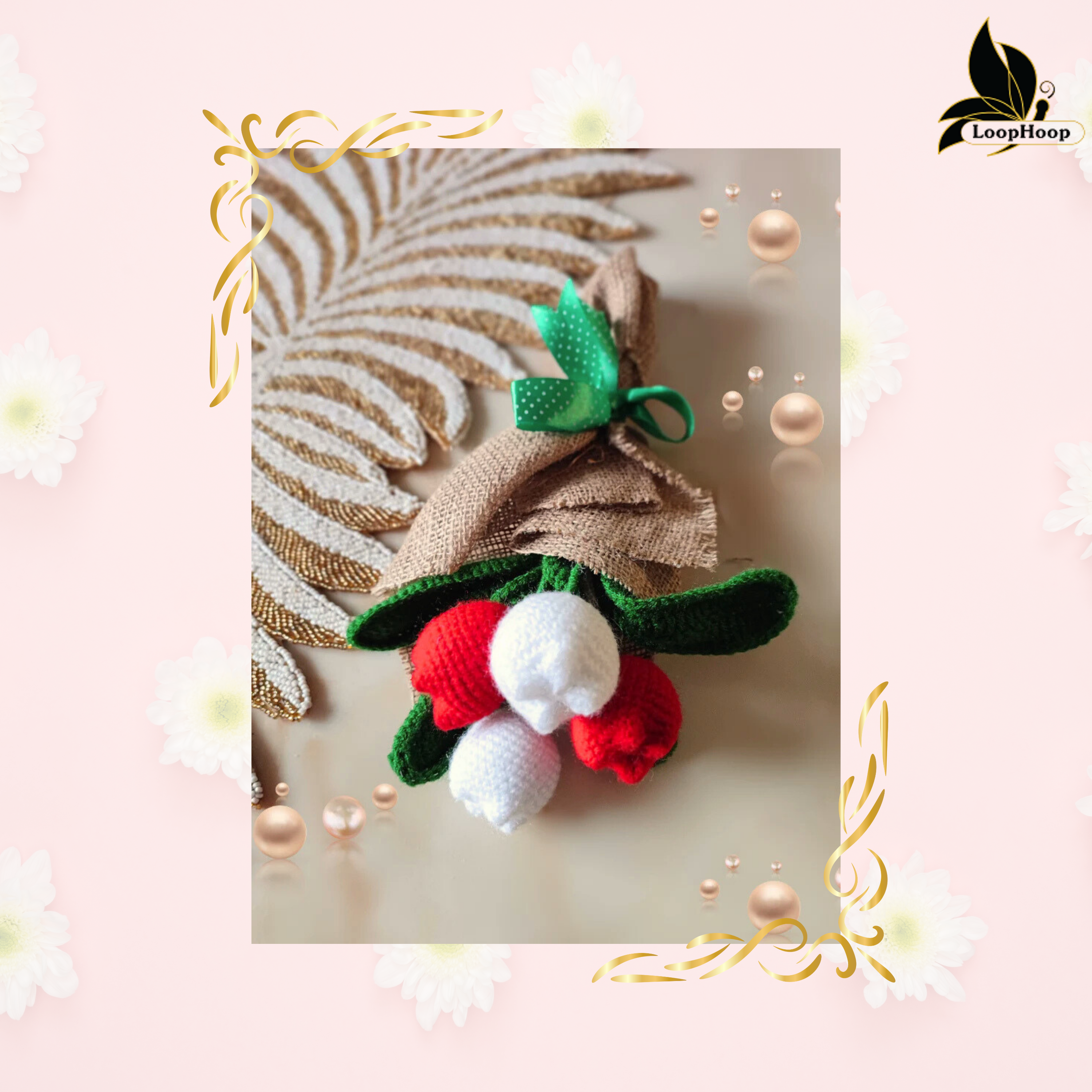 Blushing Ballet Crochet Flower White and Red Tulip Bouquet