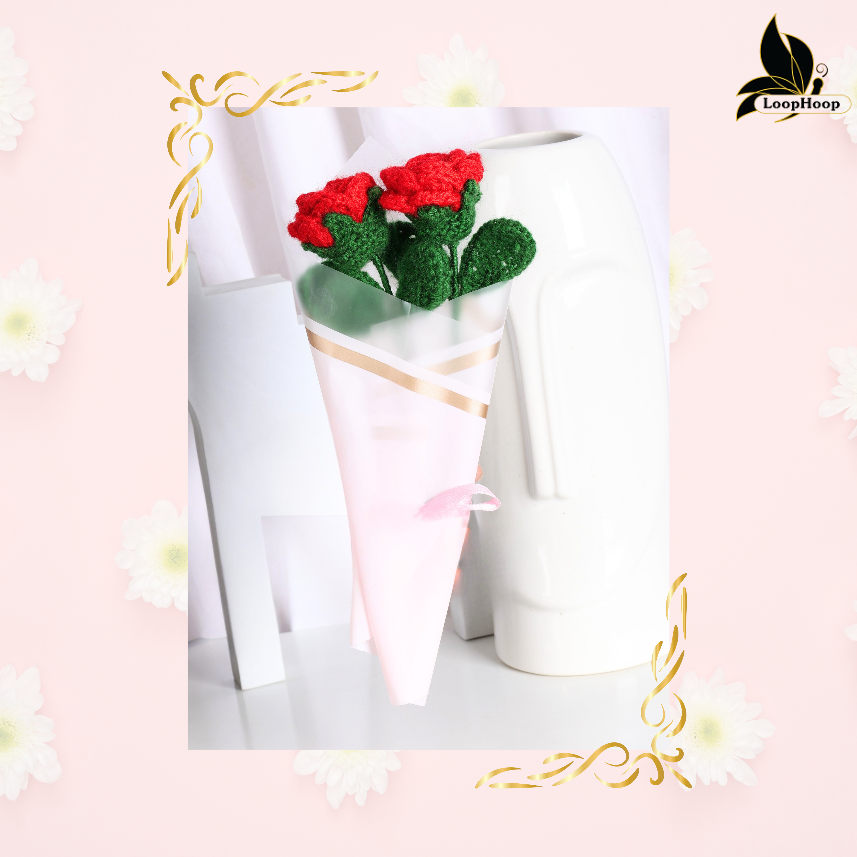 Crochet Handmade Red Rose Bouquet- 2 steam