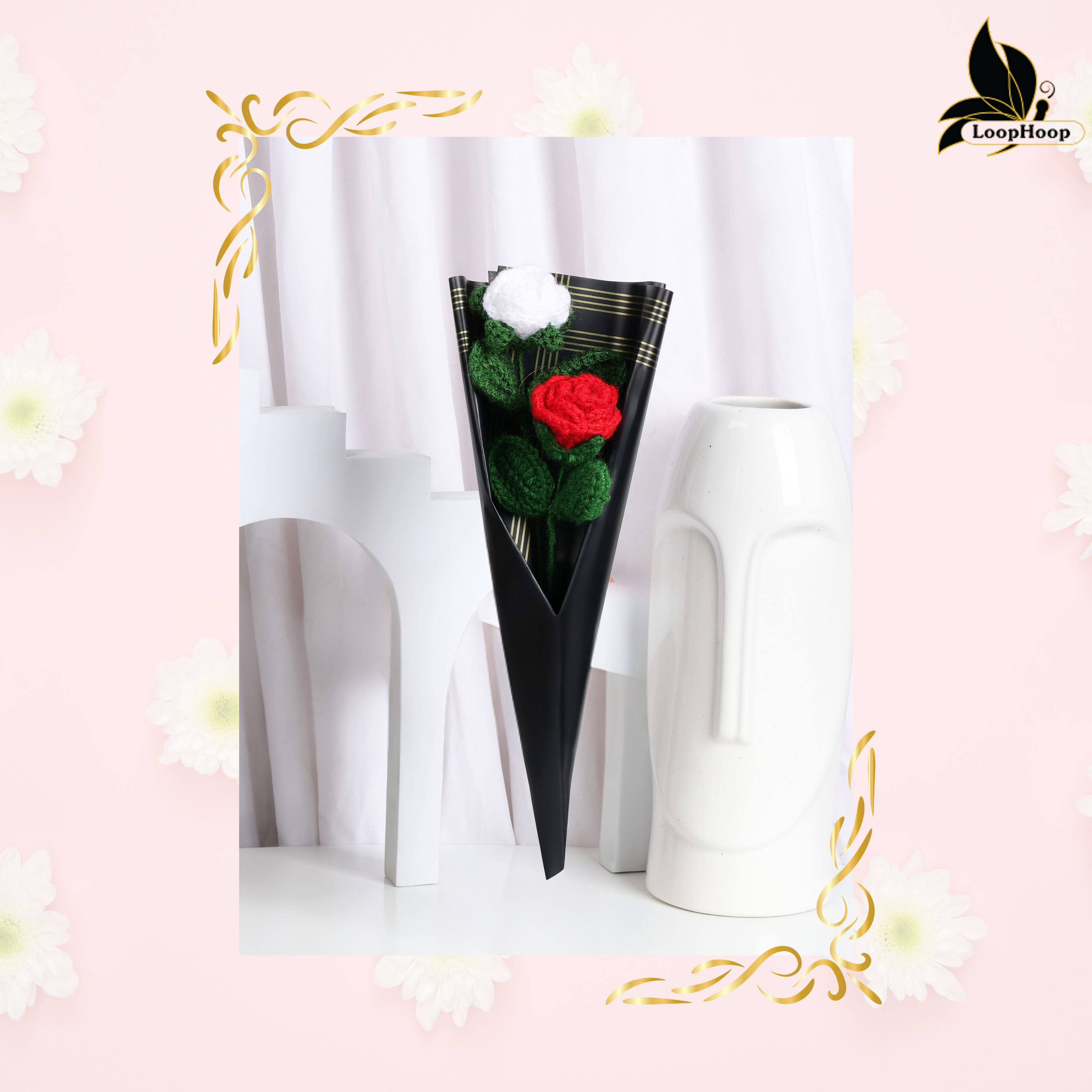 Crochet Handmade Red Rose White Rose Bouquet- 2 steam