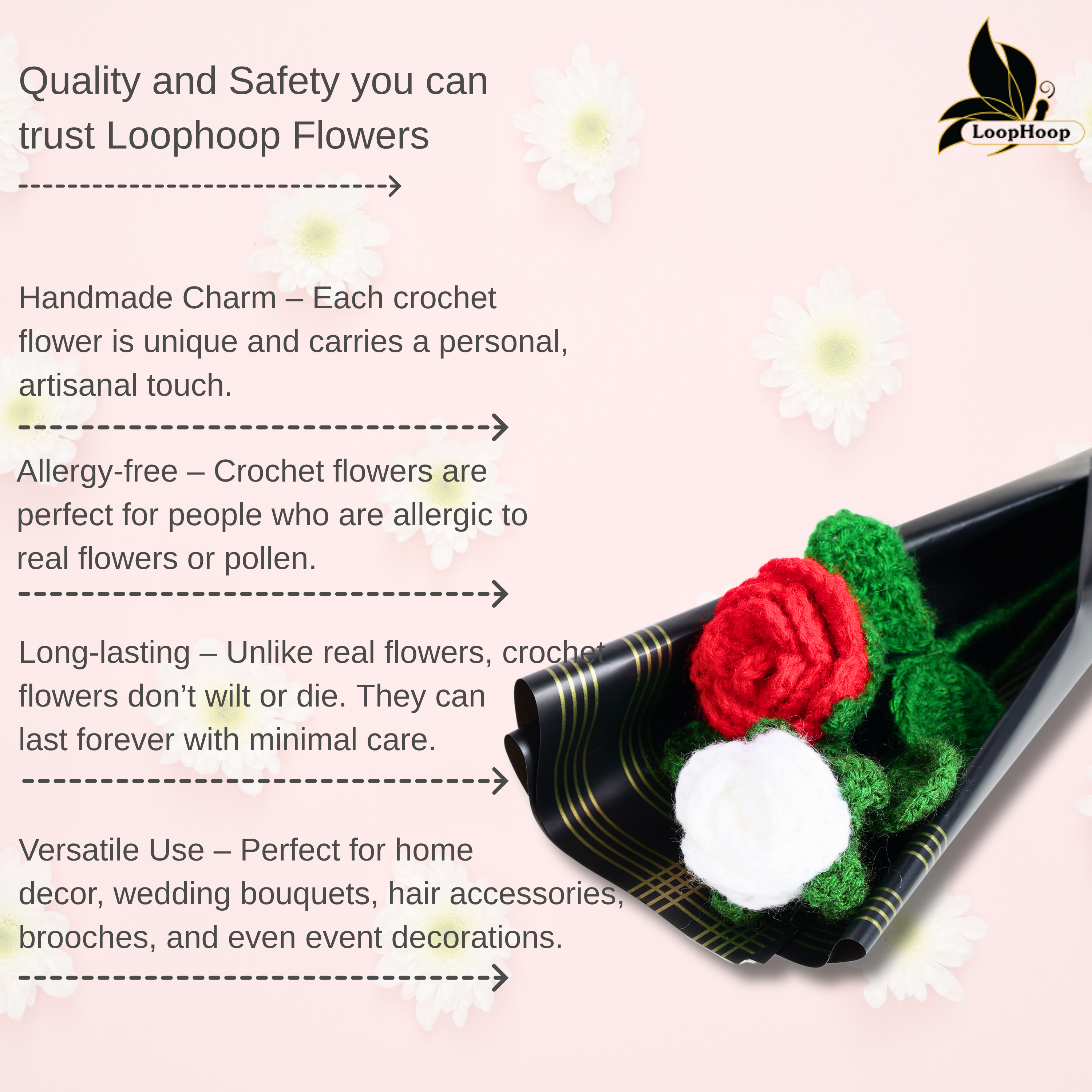 Crochet Handmade Red Rose White Rose Bouquet- 2 steam