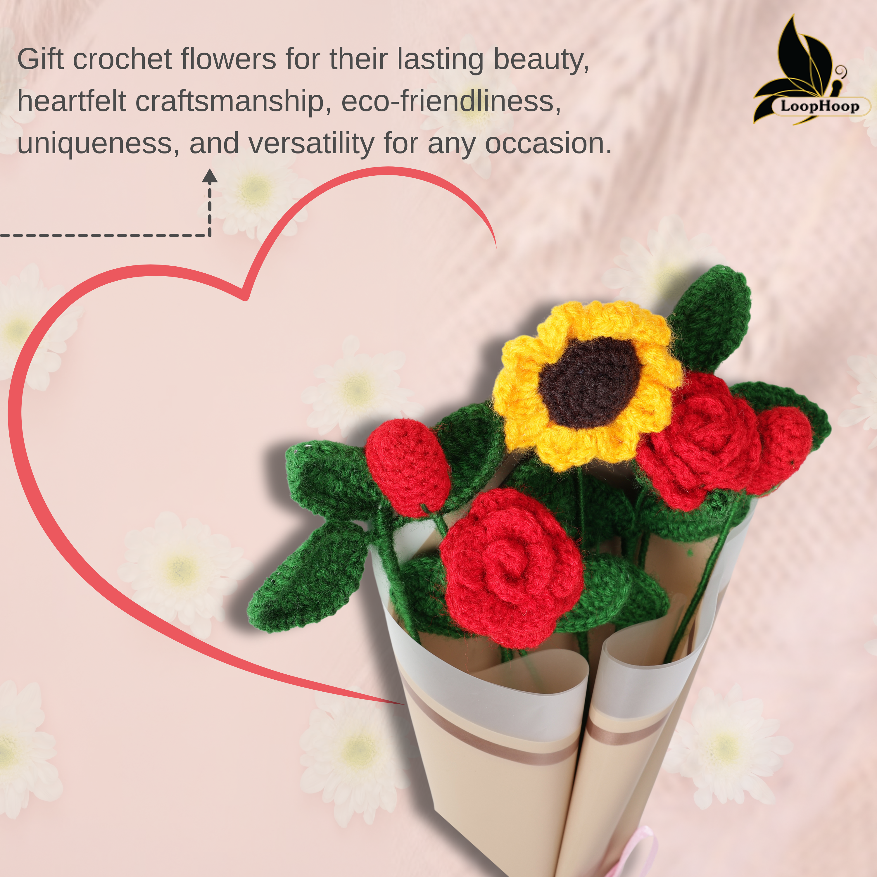 Crochet Handmade Red Rose Mix Bouquet - 7 steam