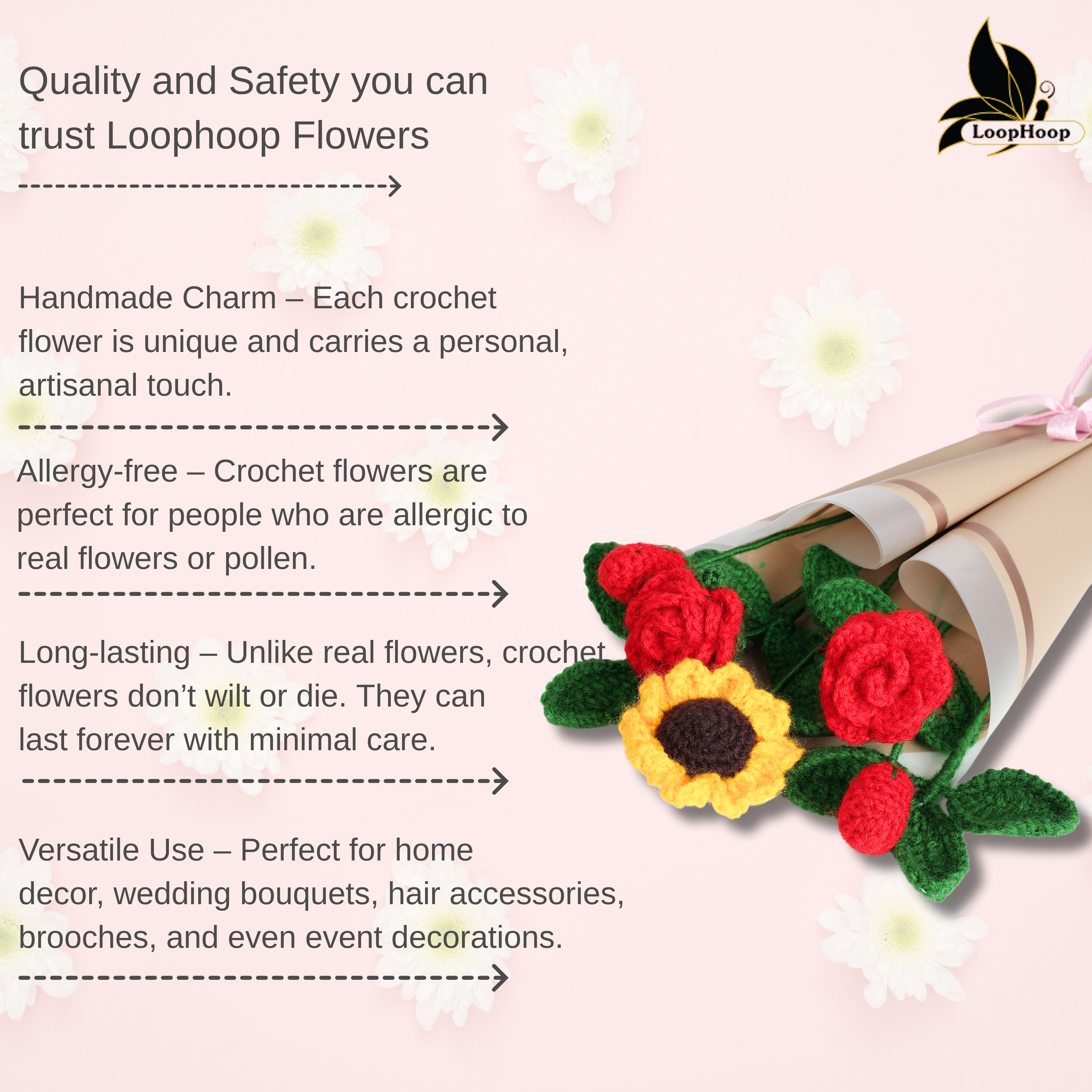 Crochet Handmade Red Rose Mix Bouquet - 7 steam